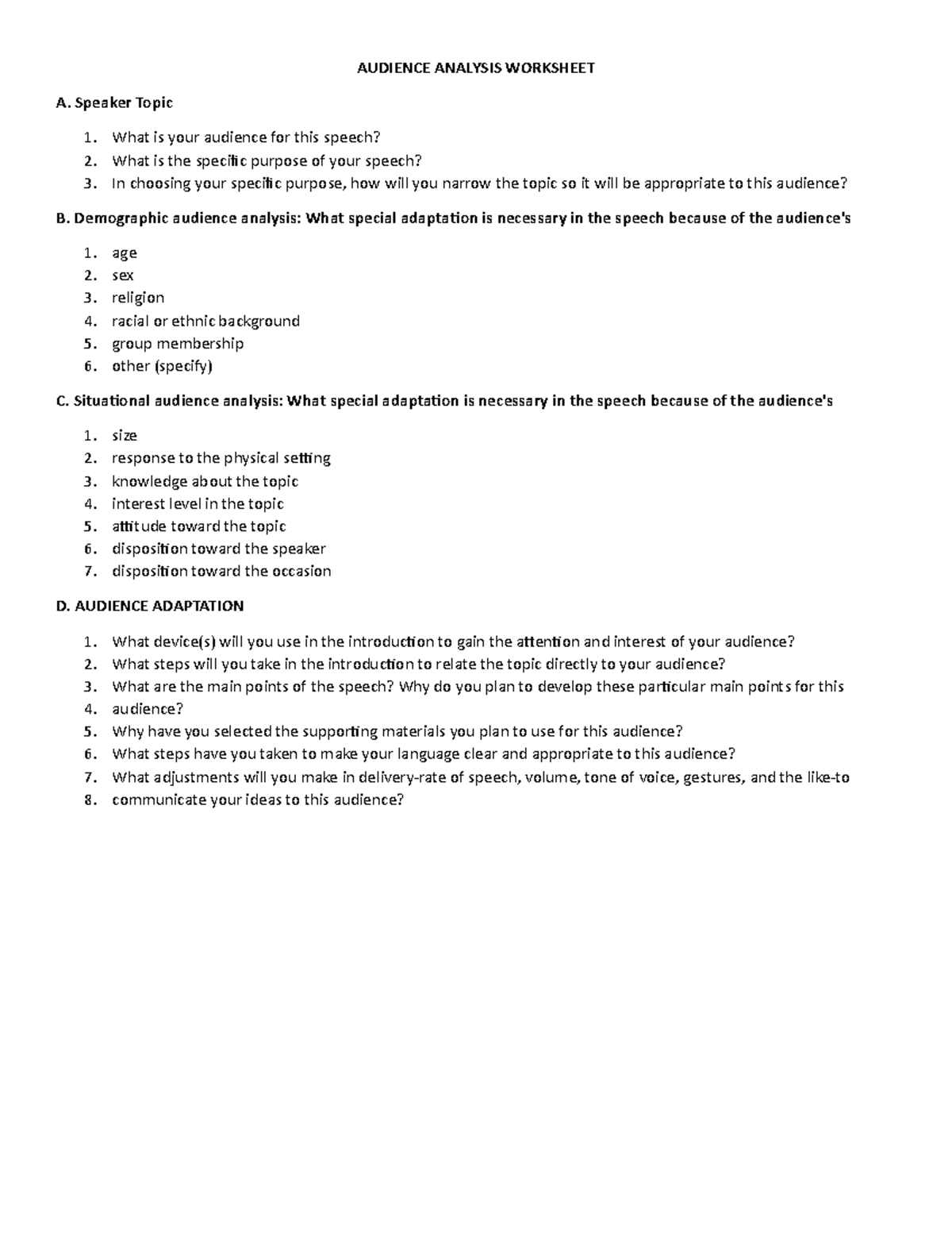 Audience Analysis Worksheet - AUDIENCE ANALYSIS WORKSHEET A. Speaker ...