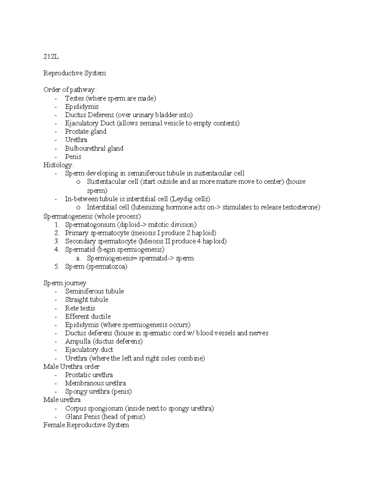 212L - notes - 212L Reproductive System Order of pathway: - Testes ...