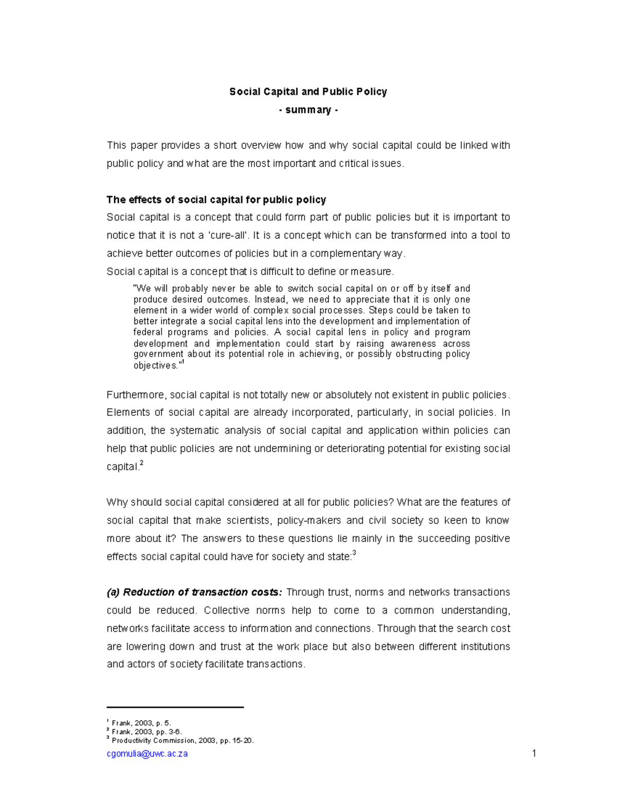 Social capital and public policy design - Social Capital and Public ...
