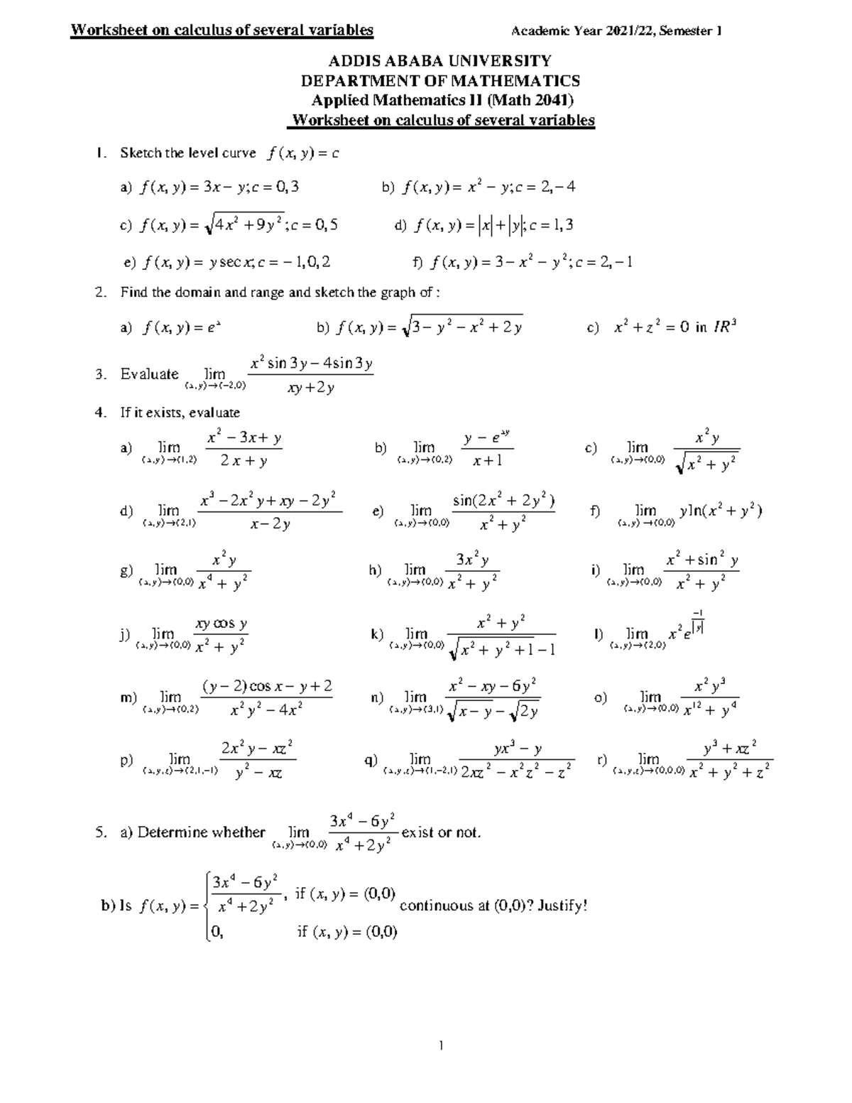 Worksheetoncalculusofseveralvariables - ADDIS ABABA UNIVERSITY ...