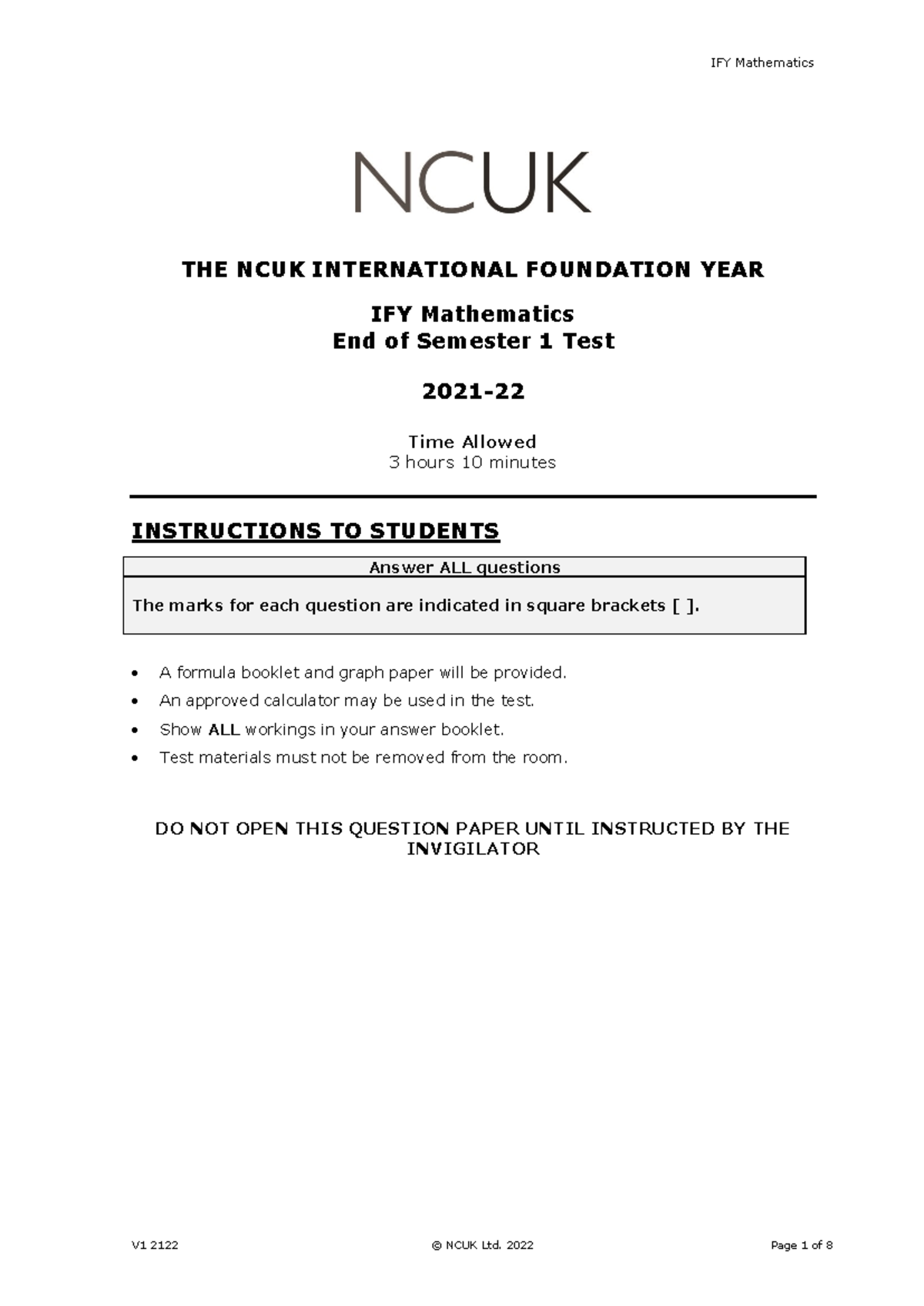 IFY Maths Eo S1 Test 2122 V1 - THE NCUK INTERNATIONAL FOUNDATION YEAR ...