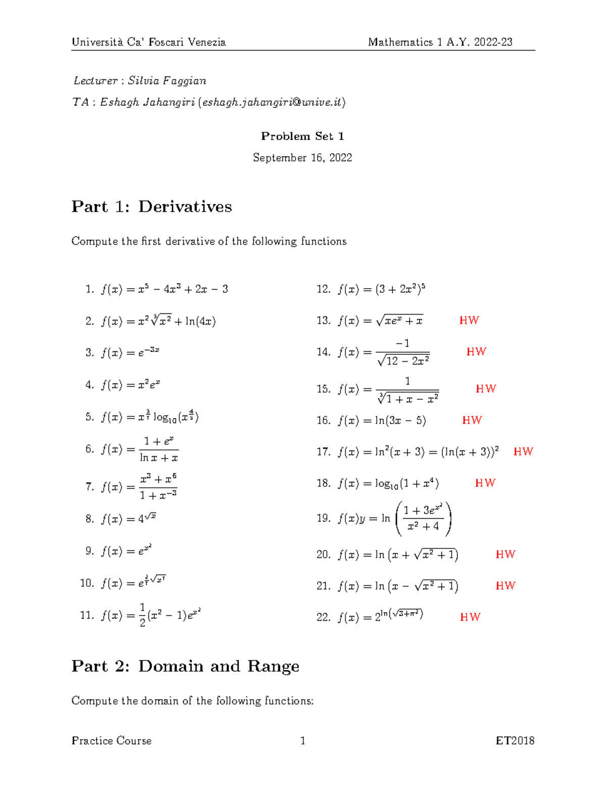 Problem Set 1 - esercizi - Universit`a Ca’ Foscari Venezia Mathematics ...
