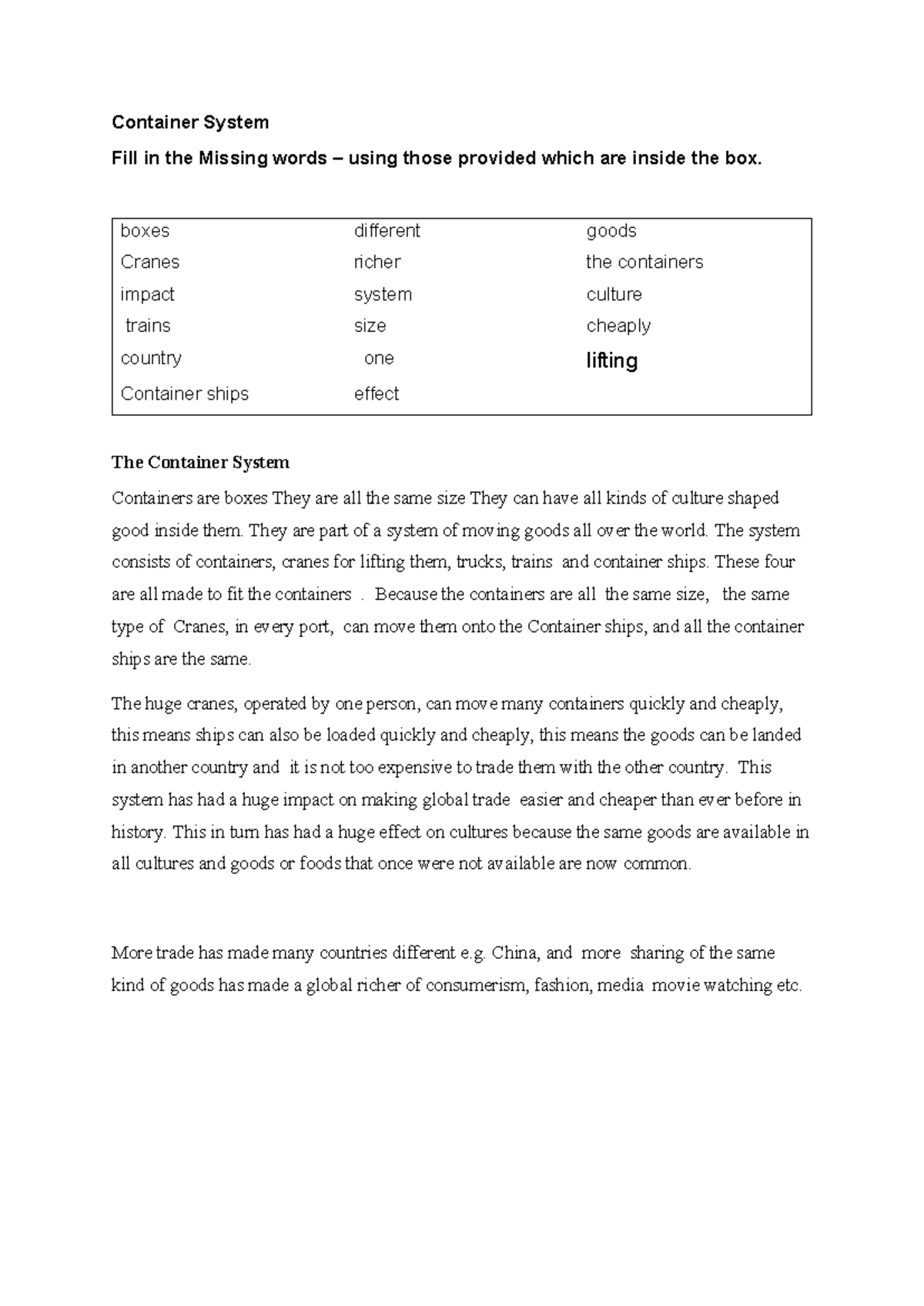Containers - Missing Words copy - Container System Fill in the Missing ...