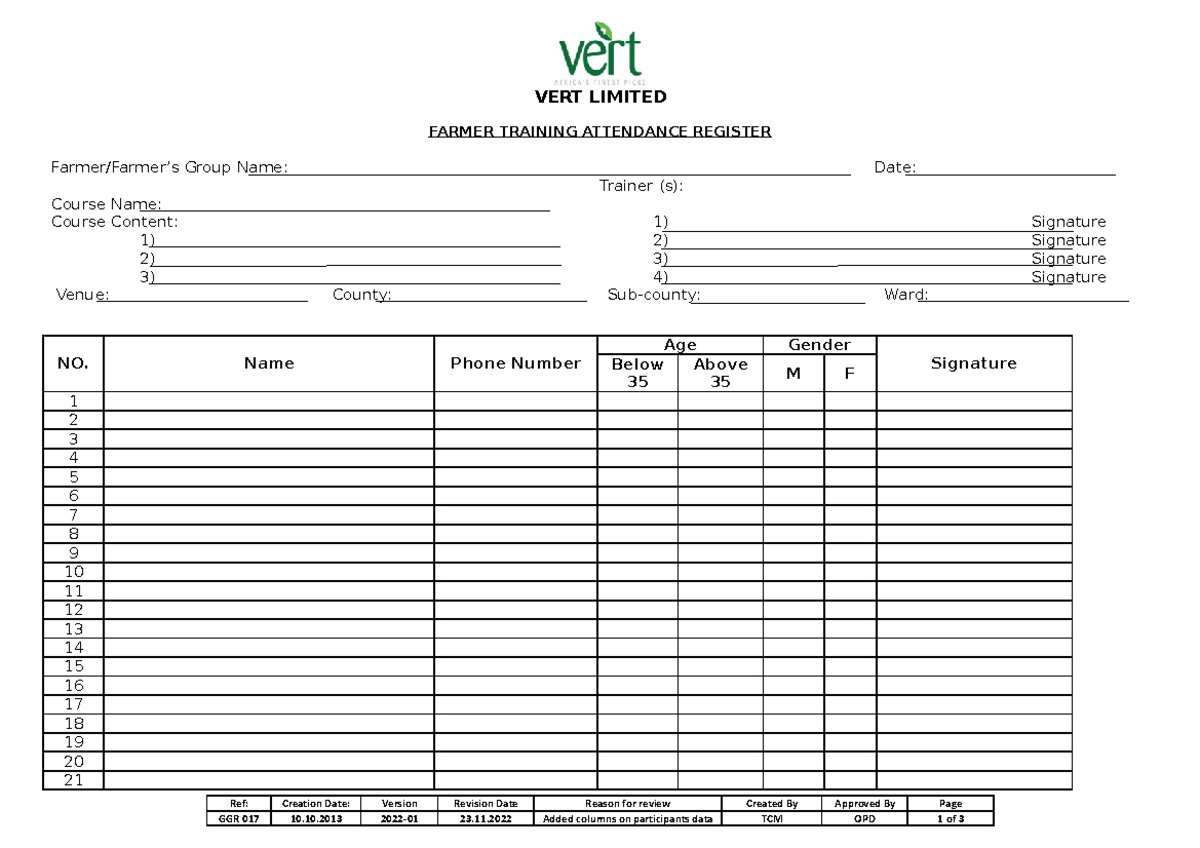 Ggr 017 Training Attendance Record-1 - Vert Limited Farmer Training 