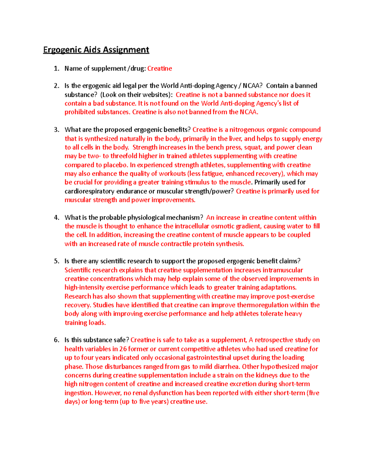 Ergogenic aid assignment Ergogenic Aids Assignment Name of supplement
