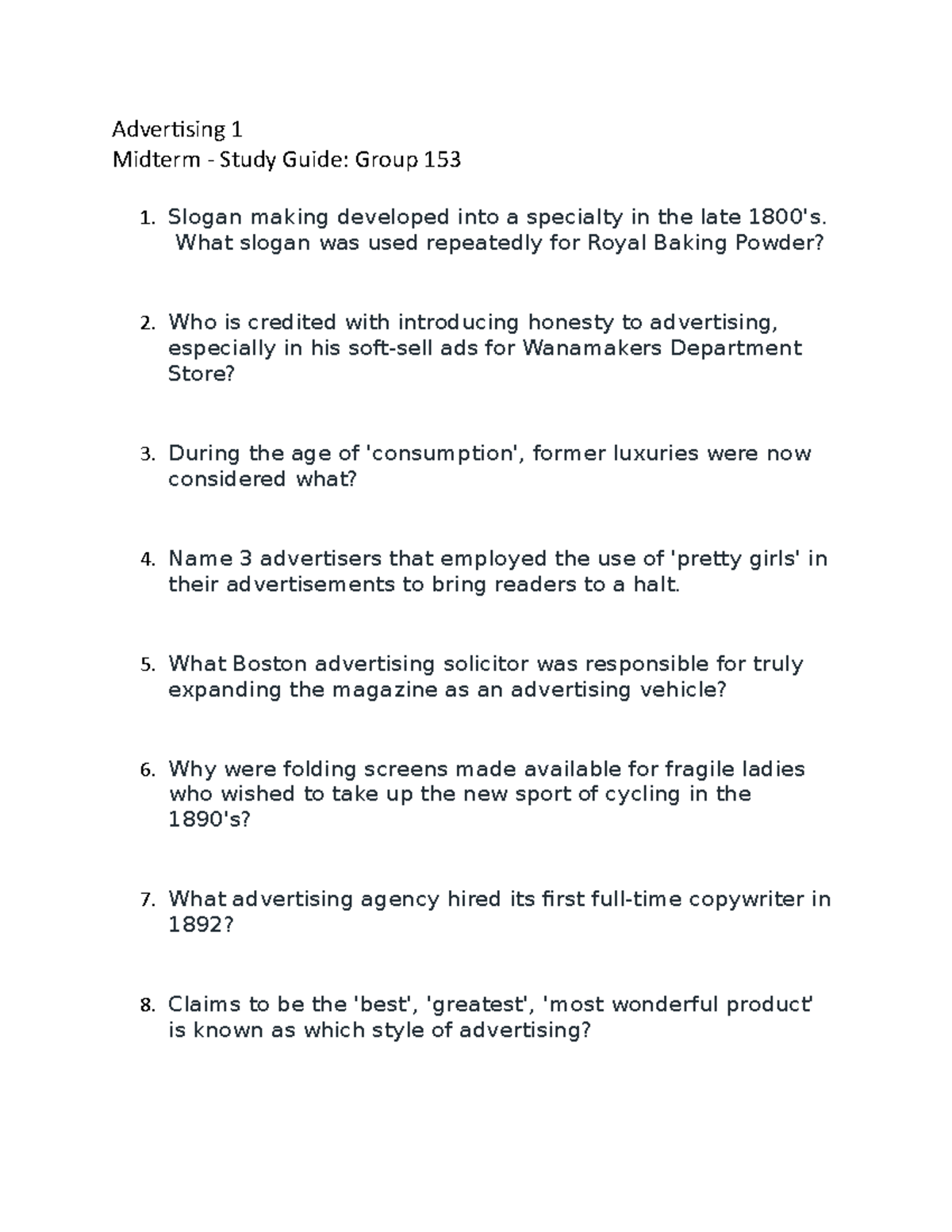 Advertising 1 - Midterm Prep-1 - Advertising 1 Midterm - Study Guide ...