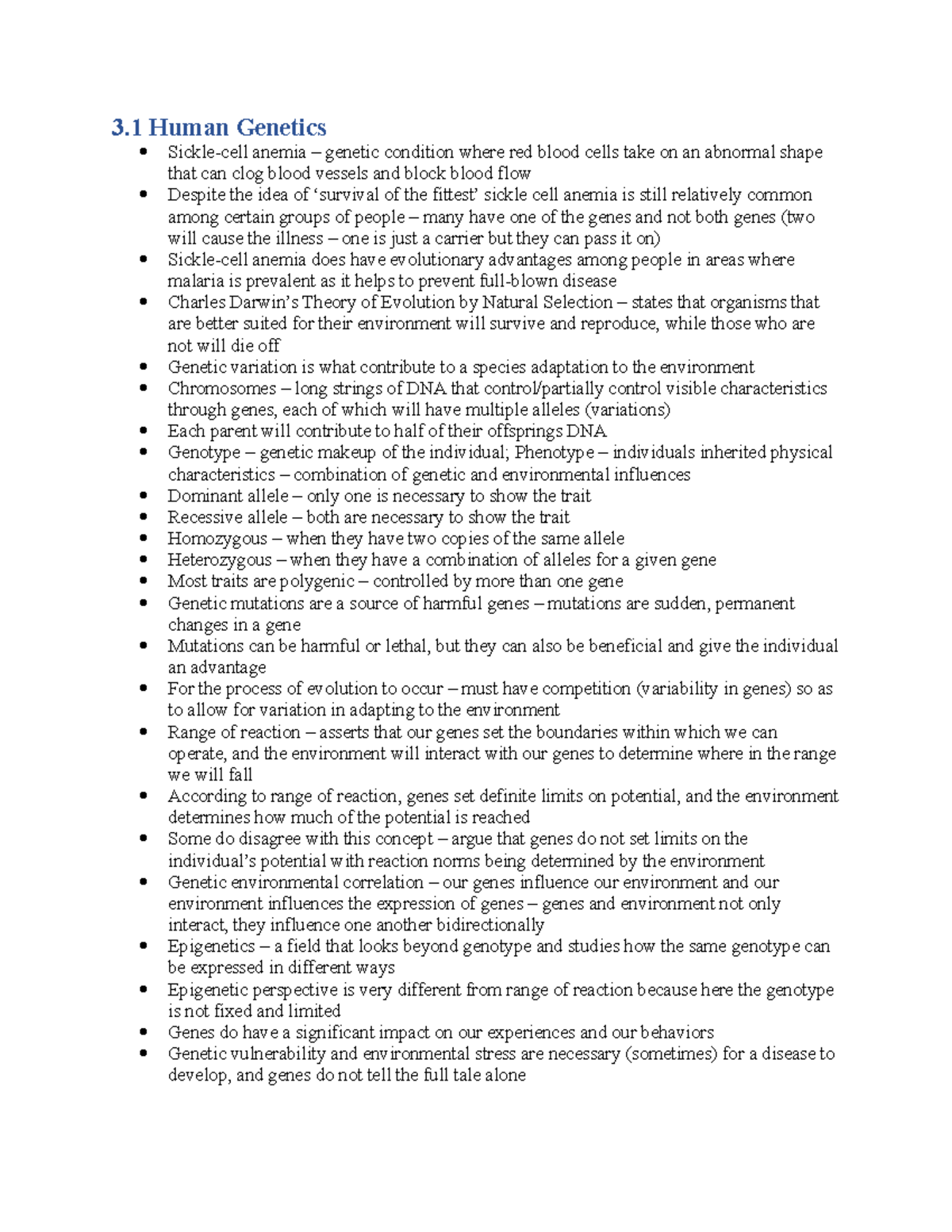 Chapter 3 Notes - Biophyschology Notes - 3 Human Genetics Sickle-cell ...