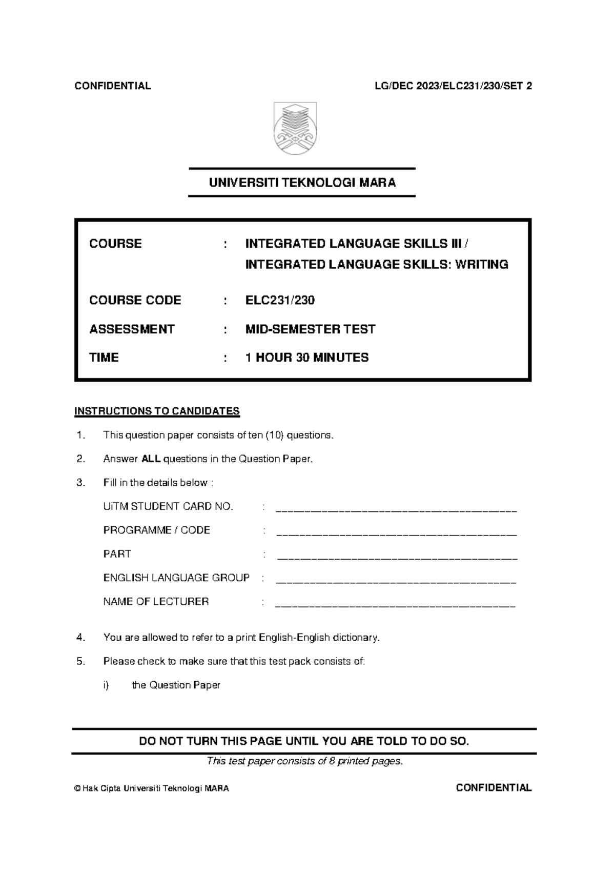 Elc231 Mid Sem Qp Set 2 Universiti Teknologi Mara Course