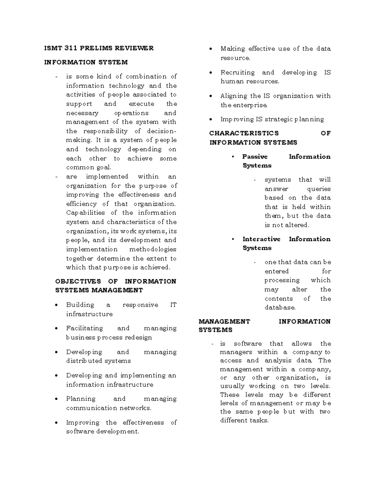 ISMT 311 Prelims Reviewer converted ISMT 311 PRELIMS REVIEWER