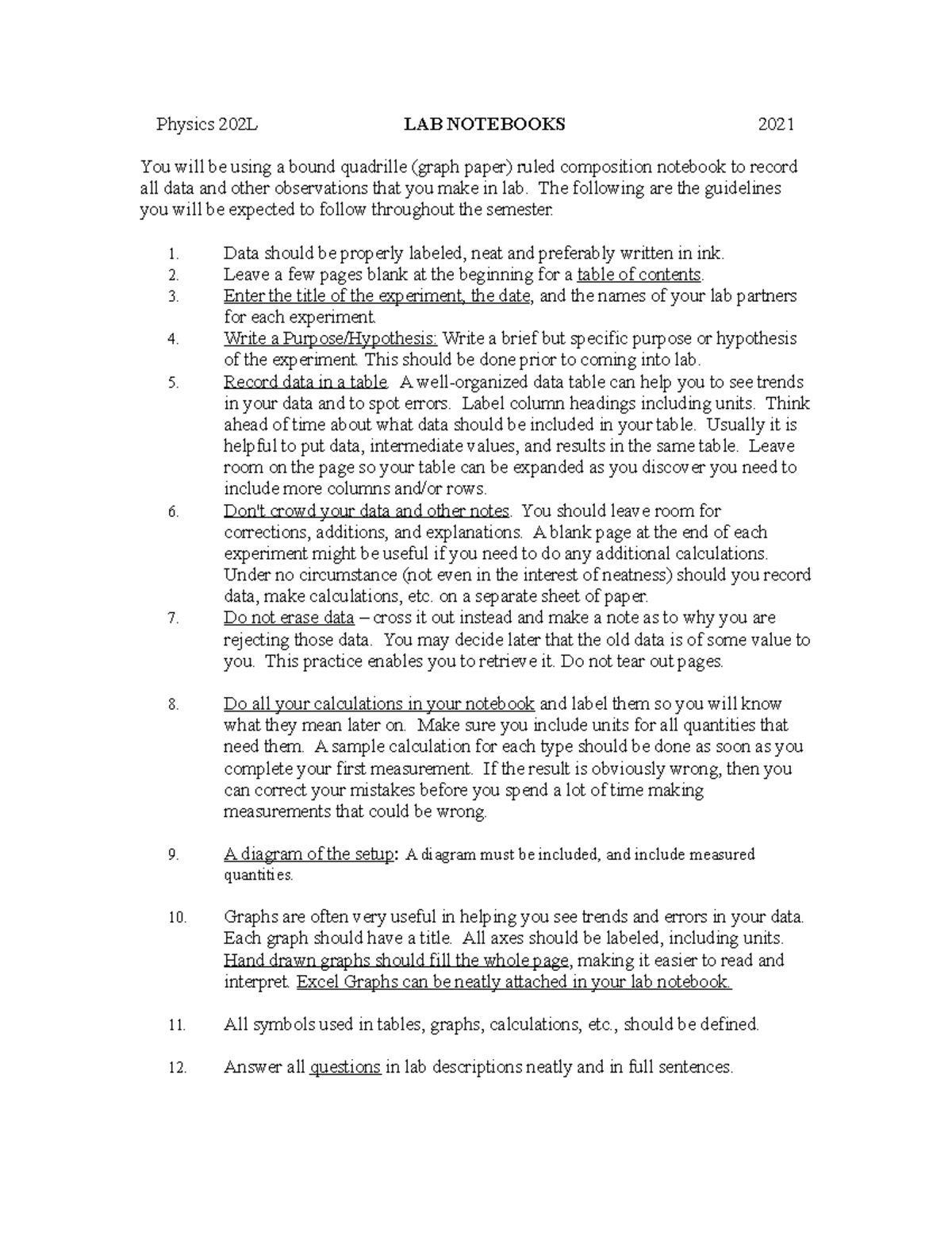 Lab notebooks format Physics 202L LAB NOTEBOOKS 2021 You will be