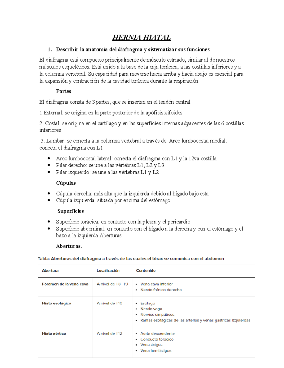 Hernia Hiatal - Hernia Hiatal 1. Describir La Anatomía Del Diafragma Y 