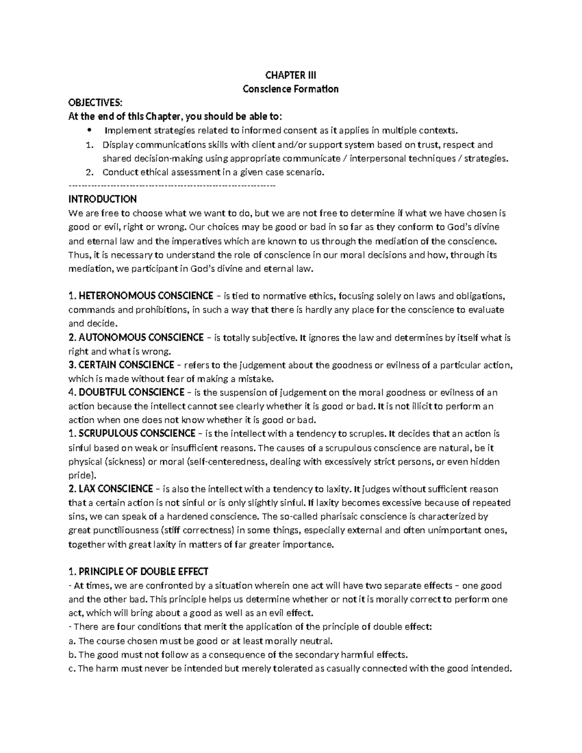 Ethics 1ST Grading - CHAPTER III Conscience Formation OBJECTIVES: At ...