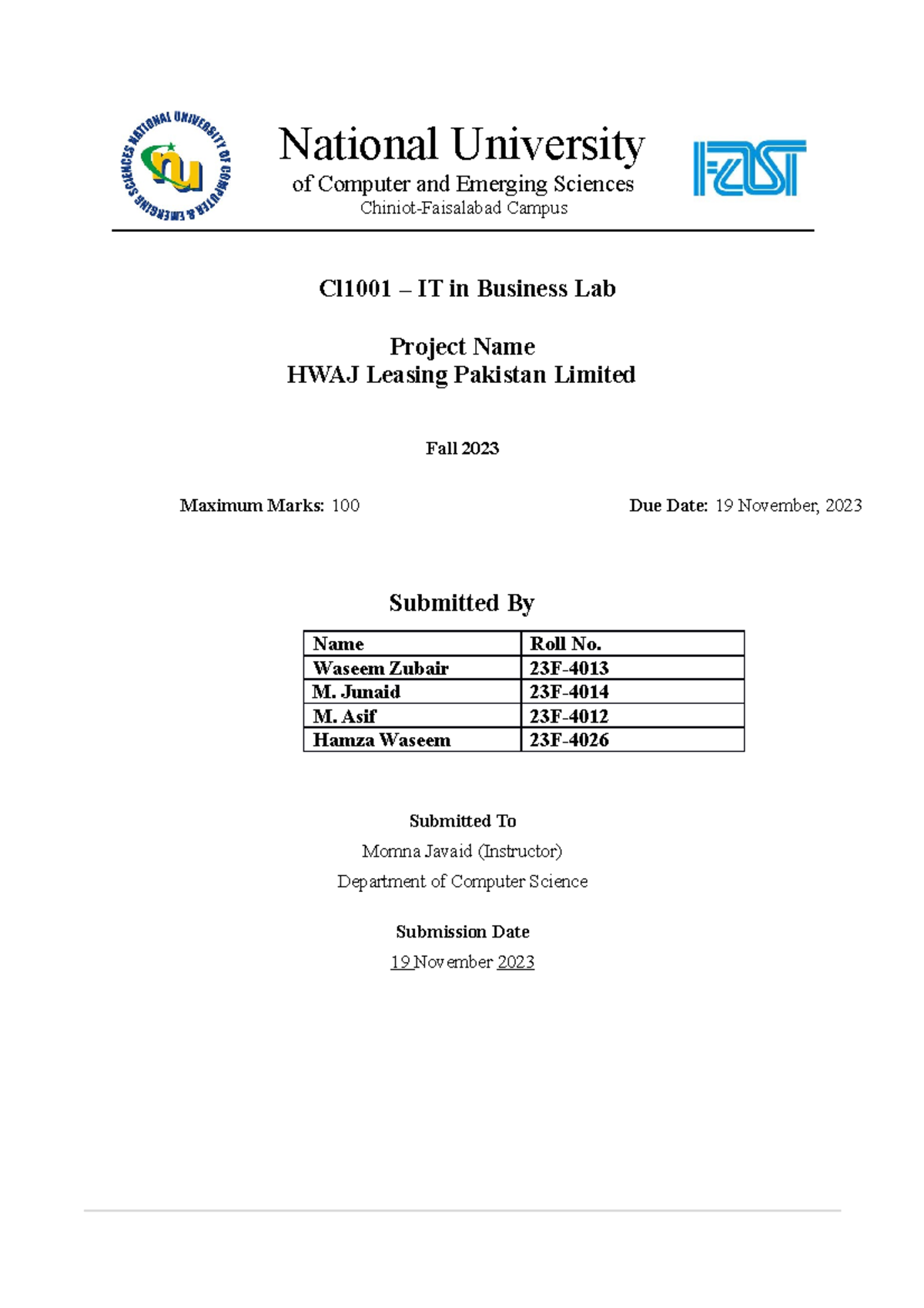 Cover page for assignment - National University of Computer and ...