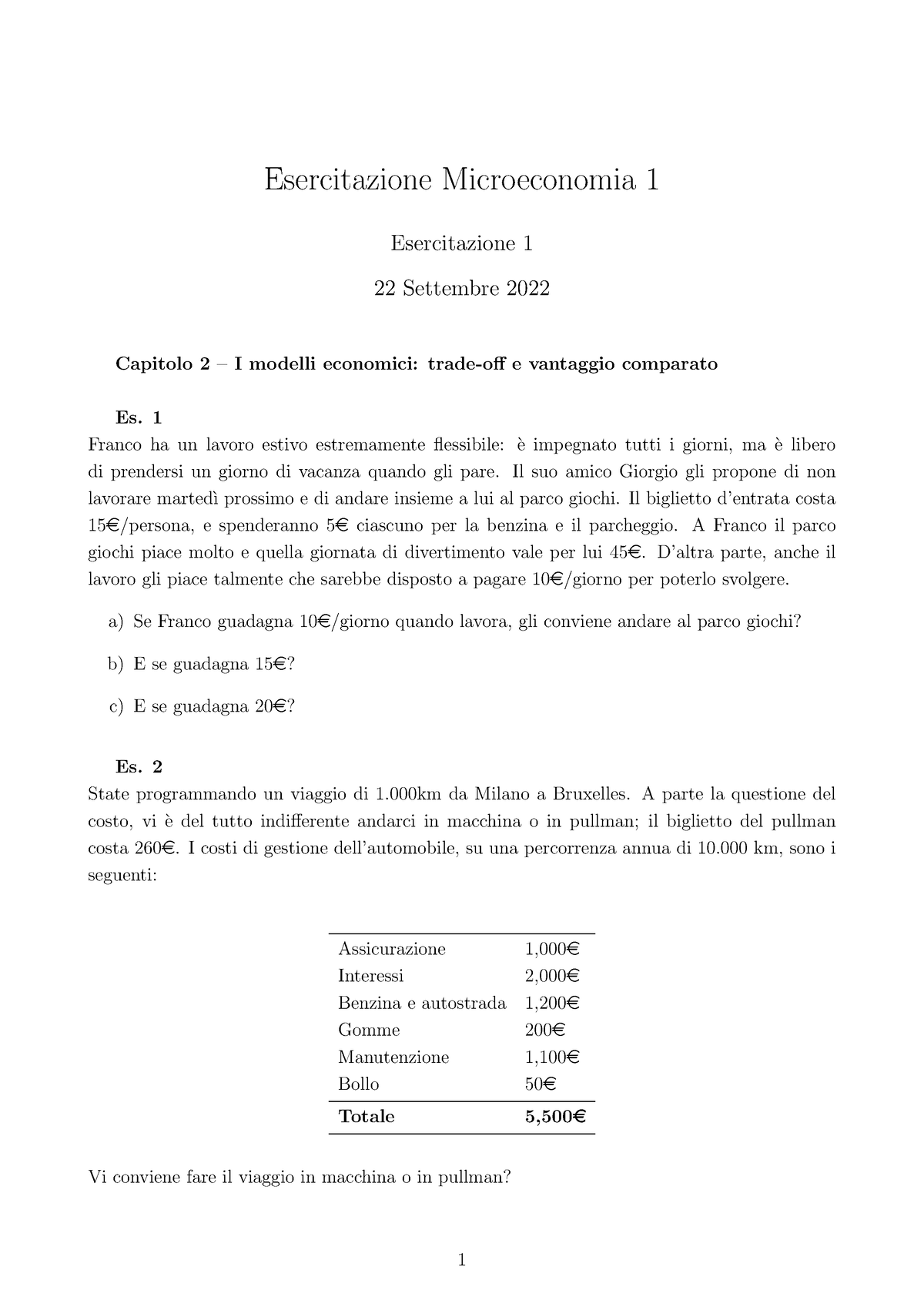 Esercitazione 1 - Esercizi - Esercitazione Microeconomia 1 ...