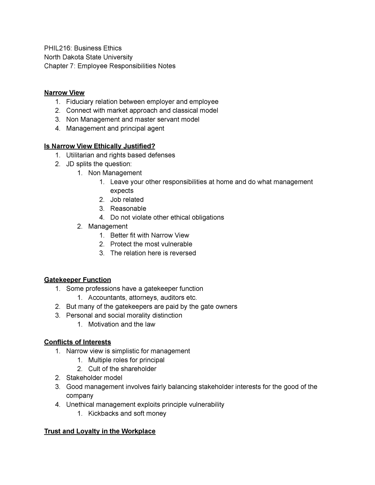 Chapter 7 Employee Responsibilities PHIL216 Business Ethics North