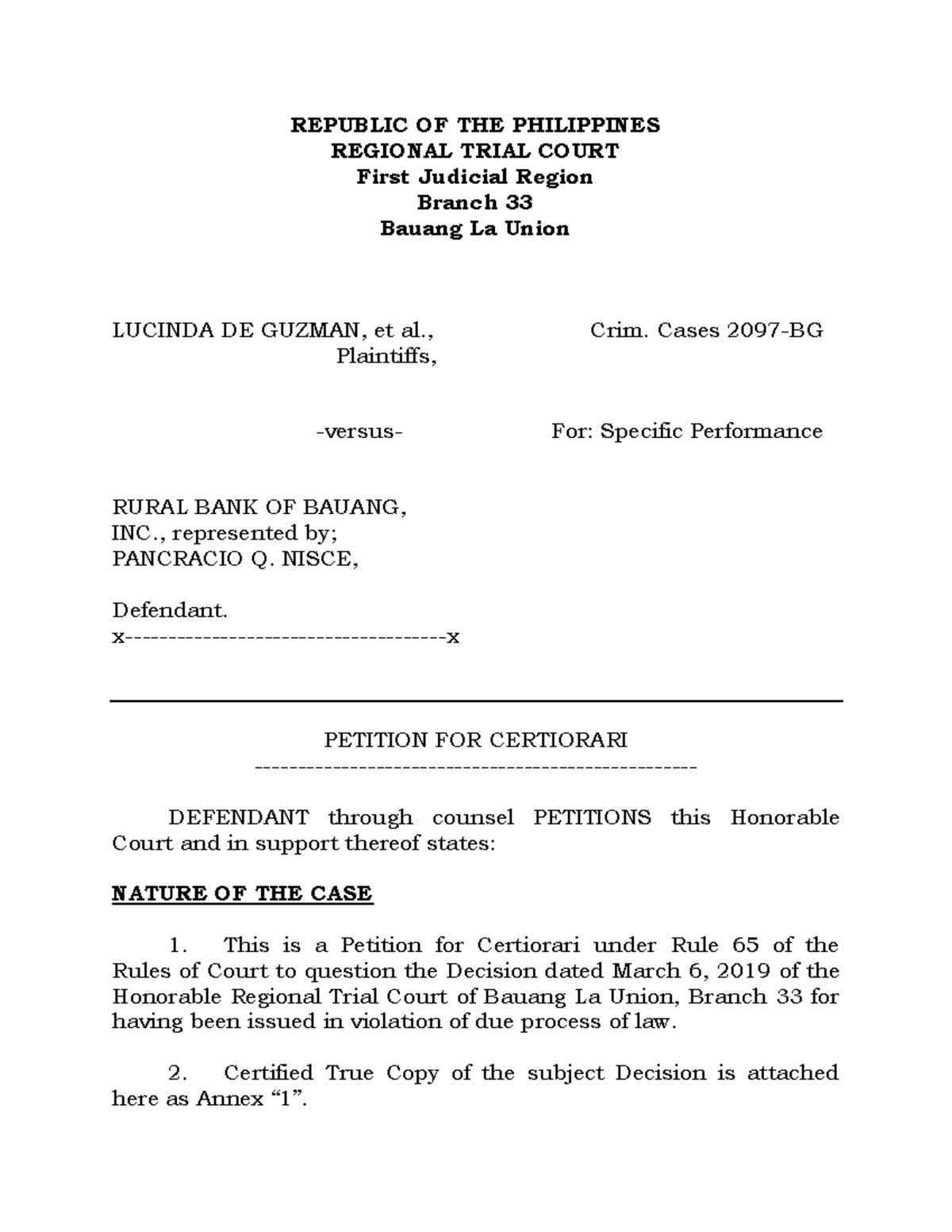Petition for certiorari republic of the philippines regional trial