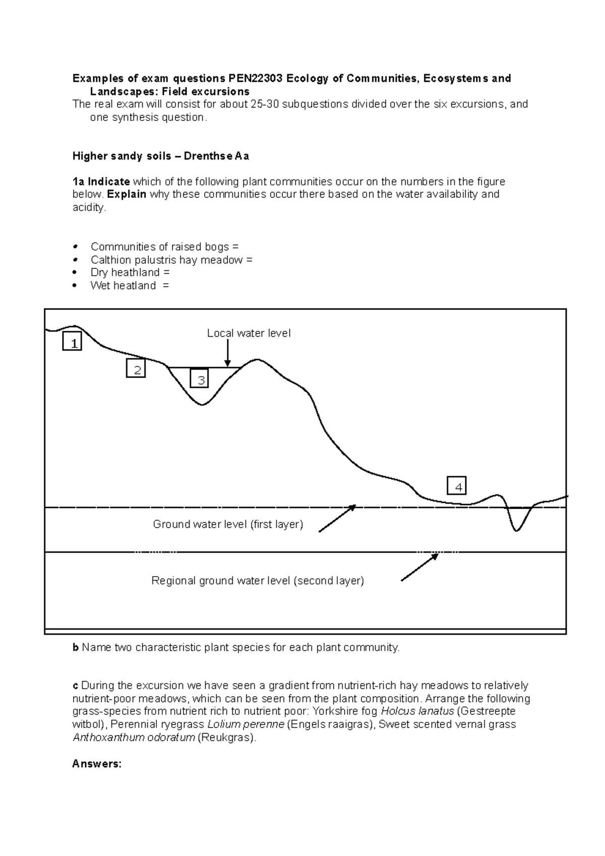 Practice exam questions of ecology of communities, ecosystems and