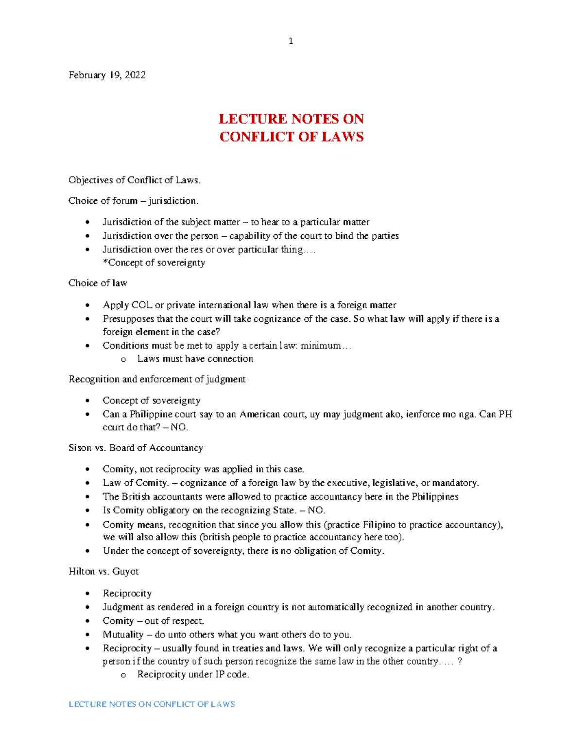 Lecture Notes Conflict Of Laws 2 1 LECTURE NOTES ON CONFLICT OF 