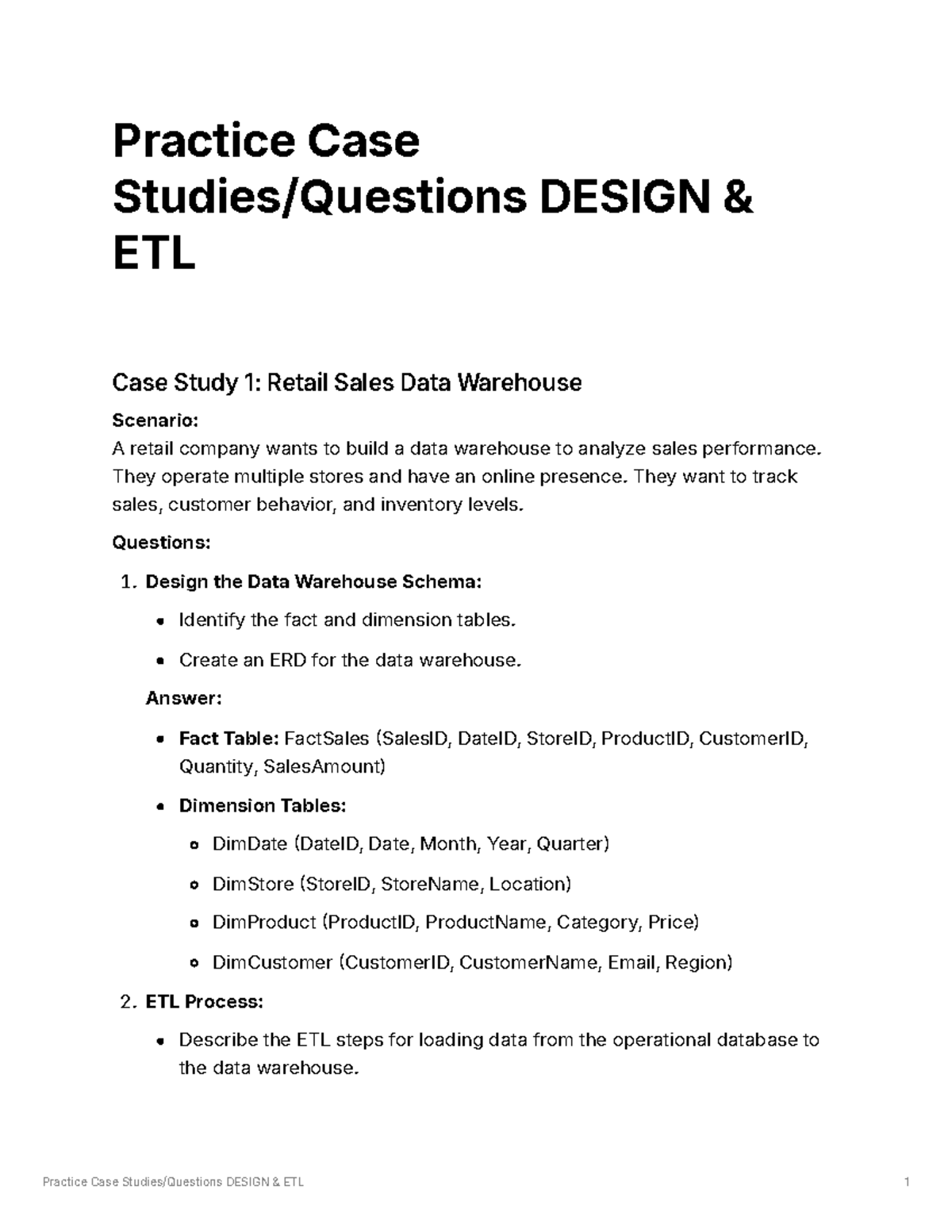 Practice ETL and Design case studies - Practice Case Studies/Questions ...
