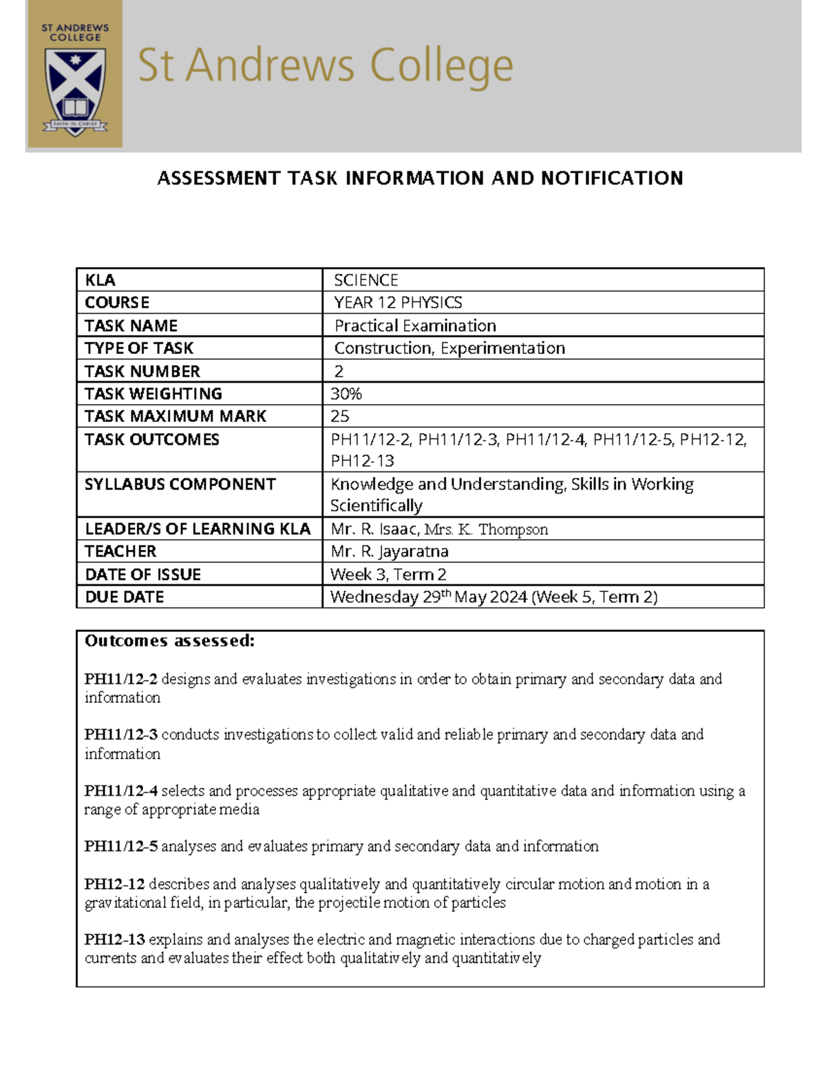 HSC Physics task 2 notification 2024 - ASSESSMENT TASK INFORMATION AND ...