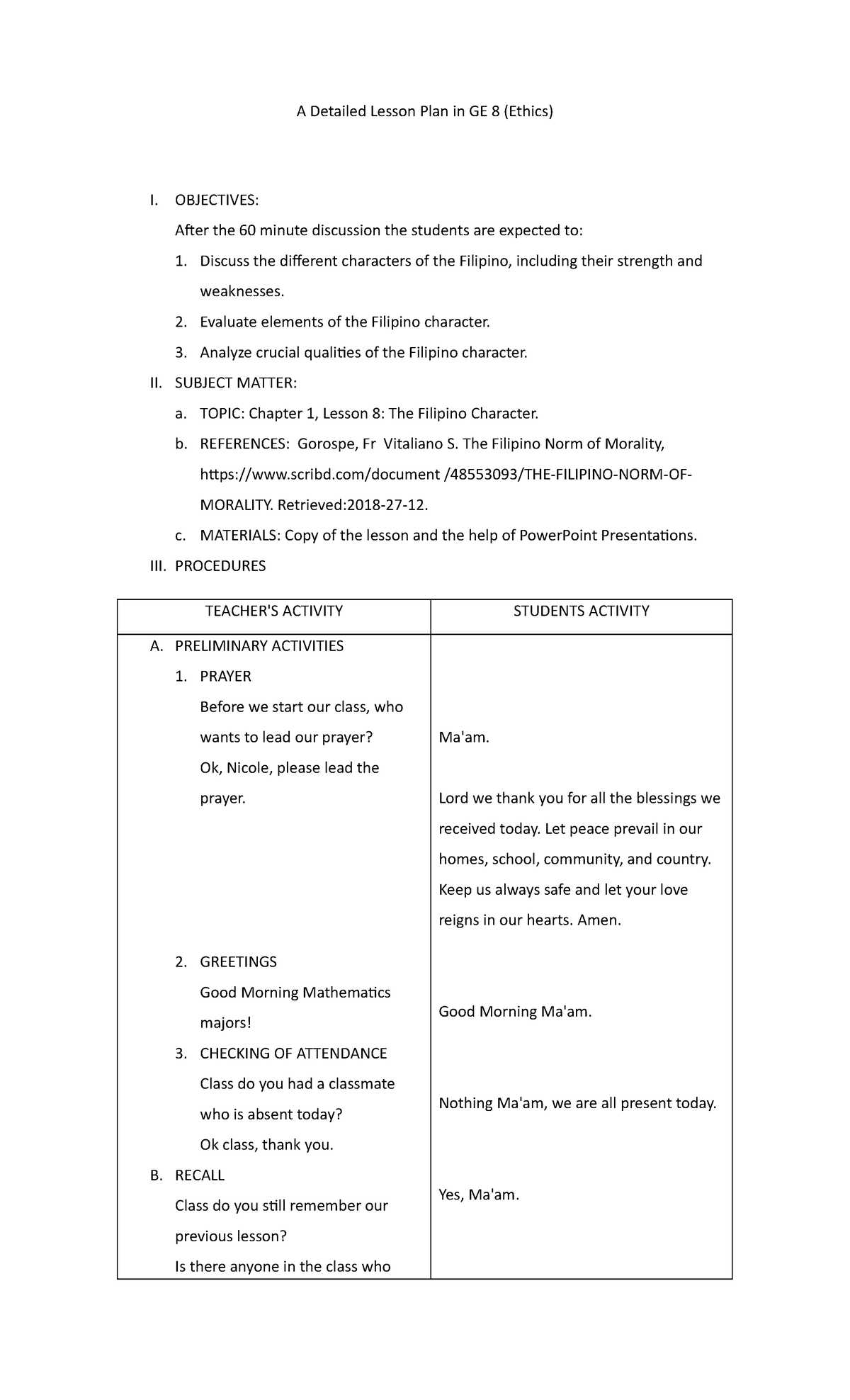 Final lesson plan - Hahaha - A Detailed Lesson Plan in GE 8 (Ethics) I ...