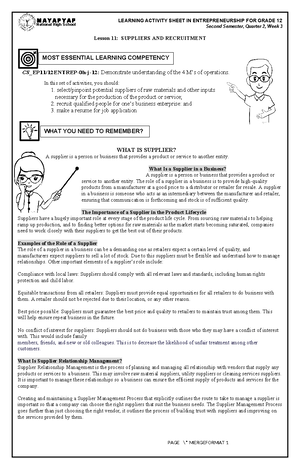 Entrep 2nd Sem Quarter 2 Week 1 - LEARNING ACTIVITY SHEET IN ...