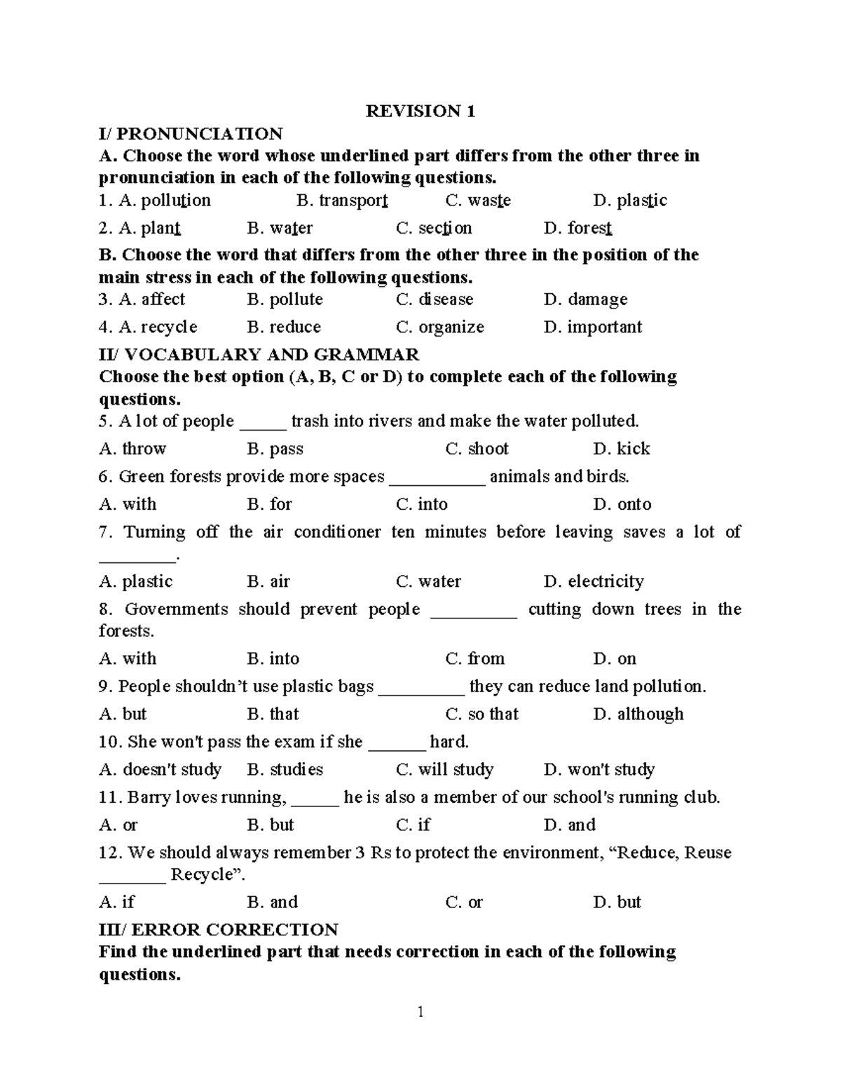 Revision 1-5 - ĐC Tiếng Anh - REVISION 1 I/ PRONUNCIATION A. Choose The ...