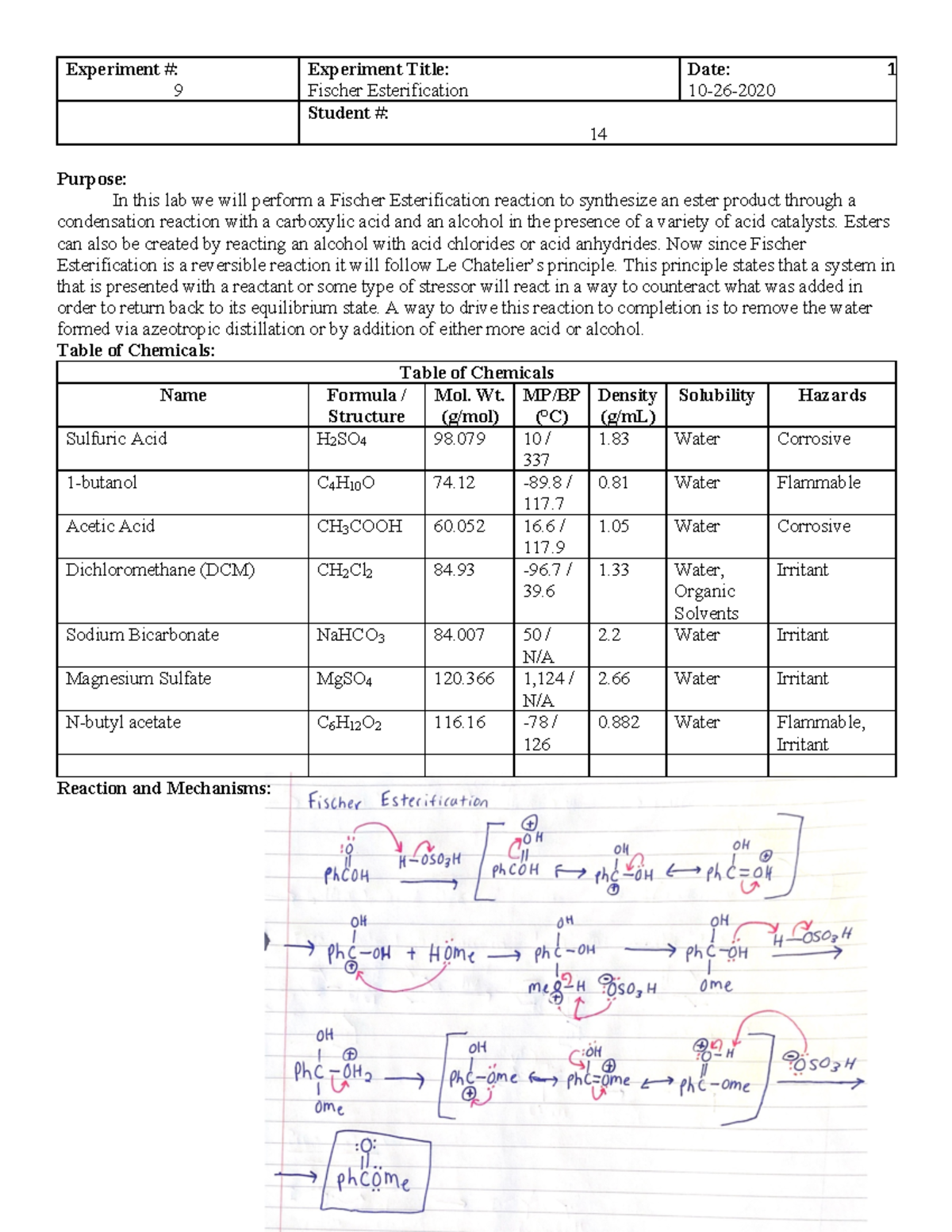 Esterfication Lab - 9 Fischer Esterification 10-26- Student #: 14 ...