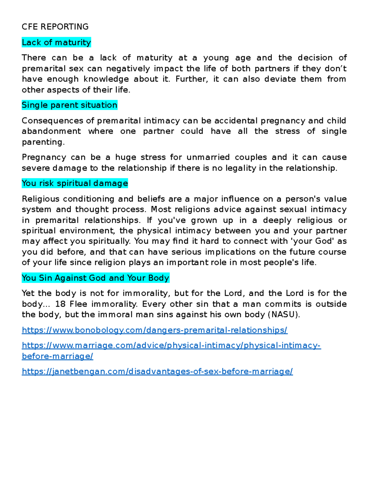CFE Reporting Janet - CFE NOTES - CFE REPORTING Lack of maturity There ...