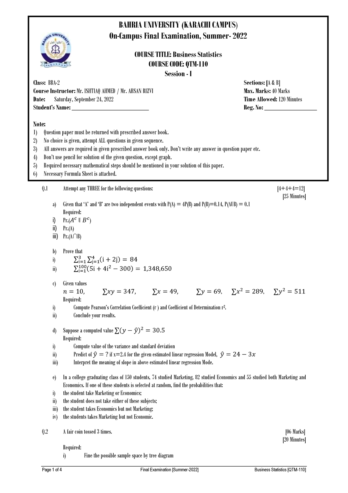 Final-Examination-Paper-Summer 2022 - Q Attempt any THREE for the ...