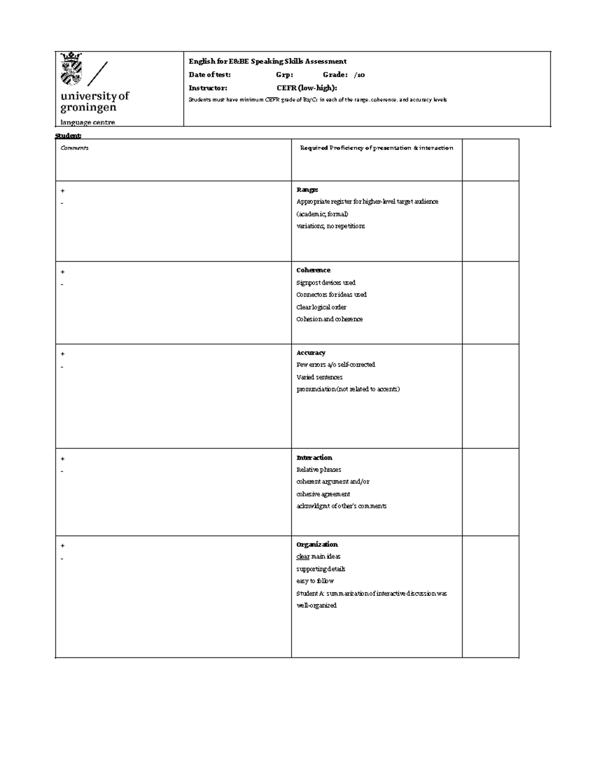 Speaking skills rubric and grade sheet English for E&BE Speaking