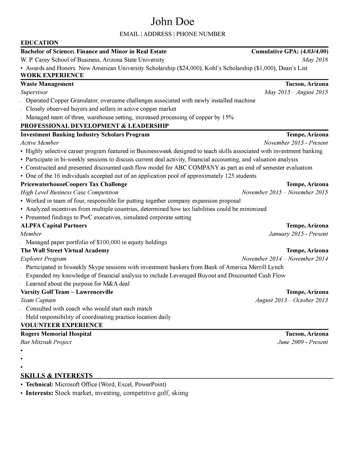 Resume+Template WP Carey Resume Template MGT 300 ASU Studocu