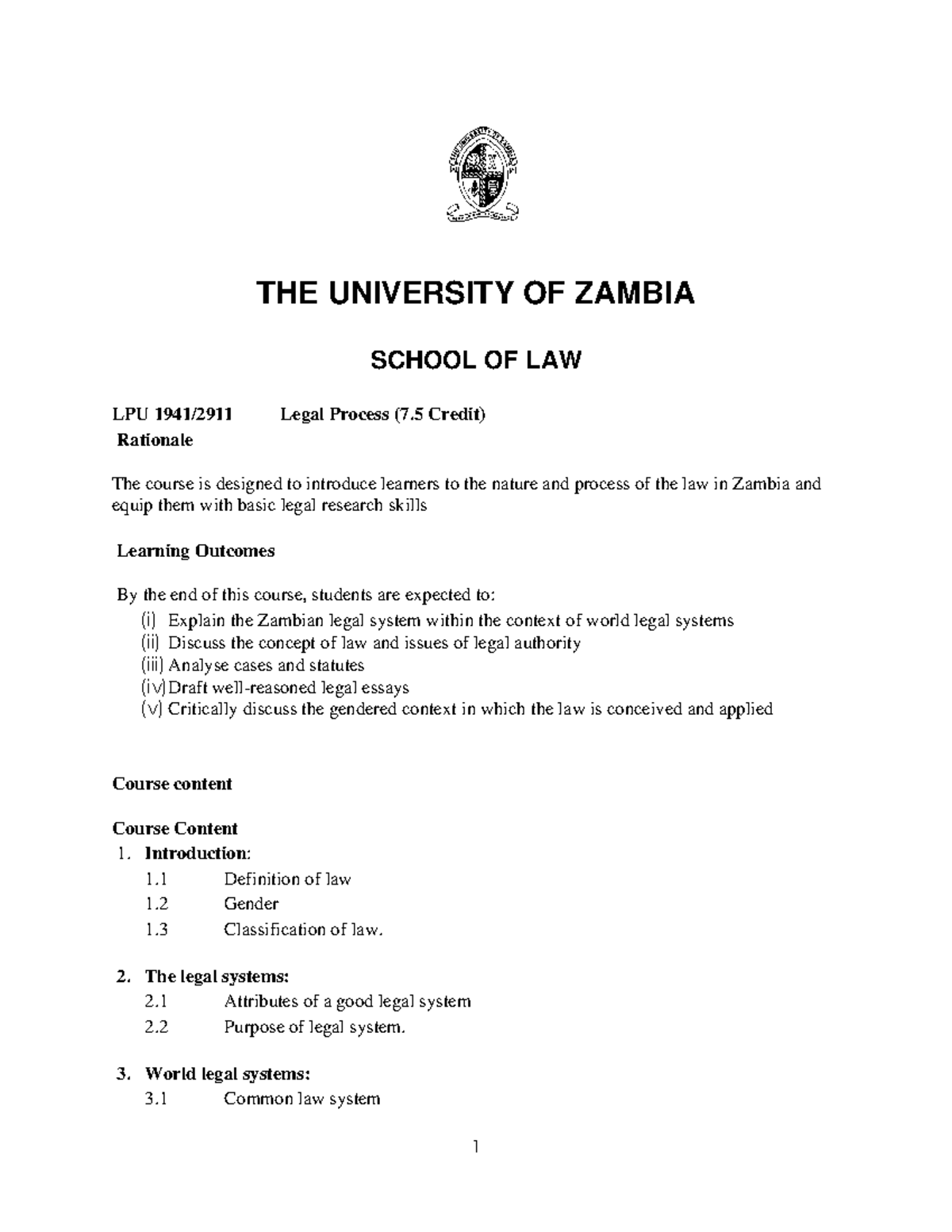 2 LPU 1941 2911 Legal Process THE UNIVERSITY OF ZAMBIA SCHOOL OF LAW