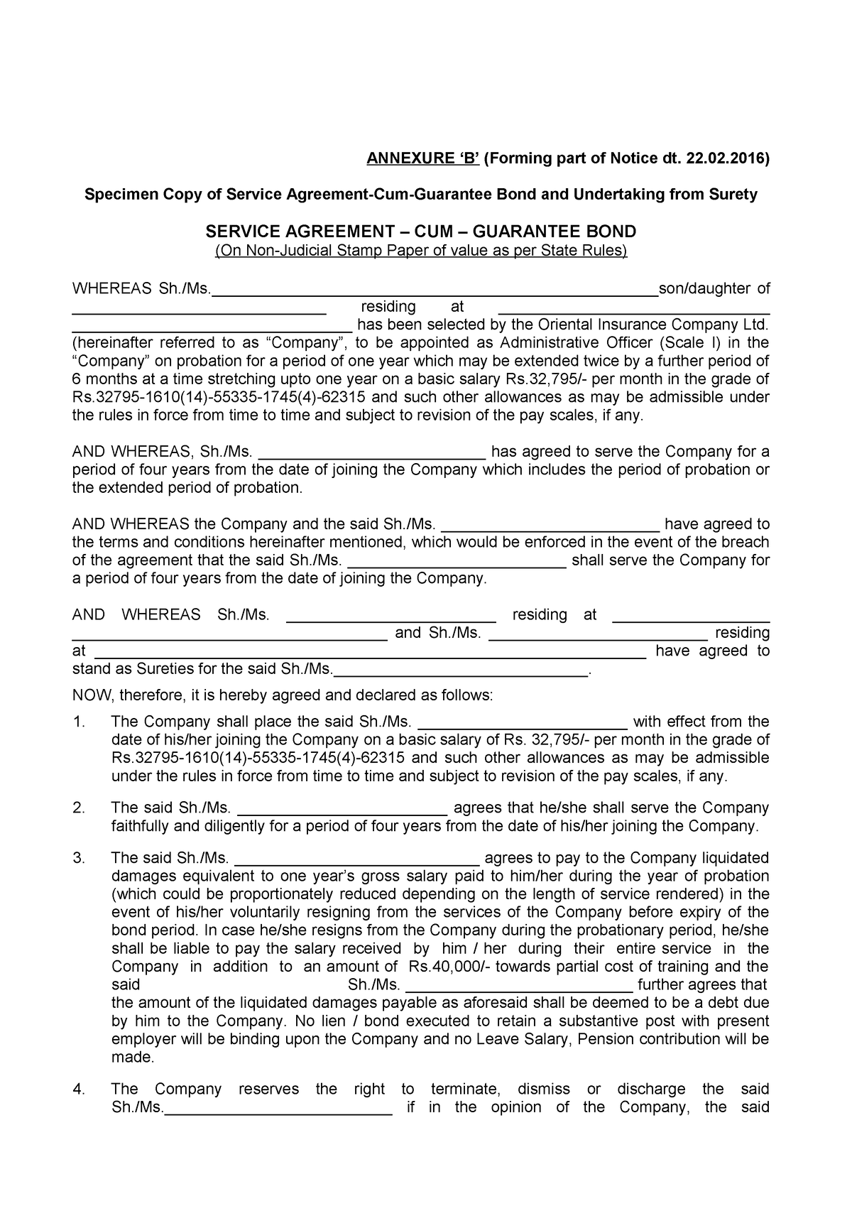 Service Agreement Guarantee Bond (Annexure - B) - ANNEXURE ‘B’ (Forming ...