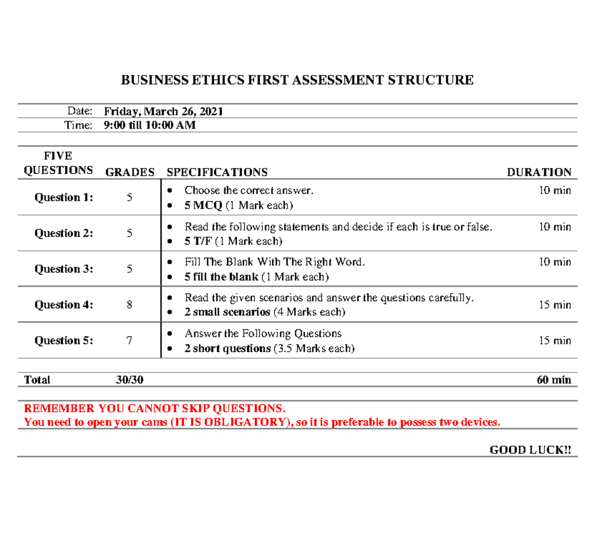 Business Ethics First Assessment Structure - BUSINESS ETHICS FIRST ...