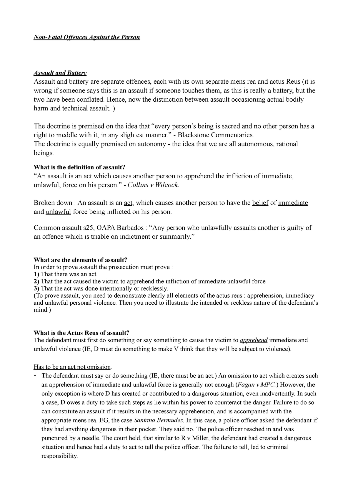 Worksheet 4 Notes Copy - Non-fatal Offences Against The Person Assault 