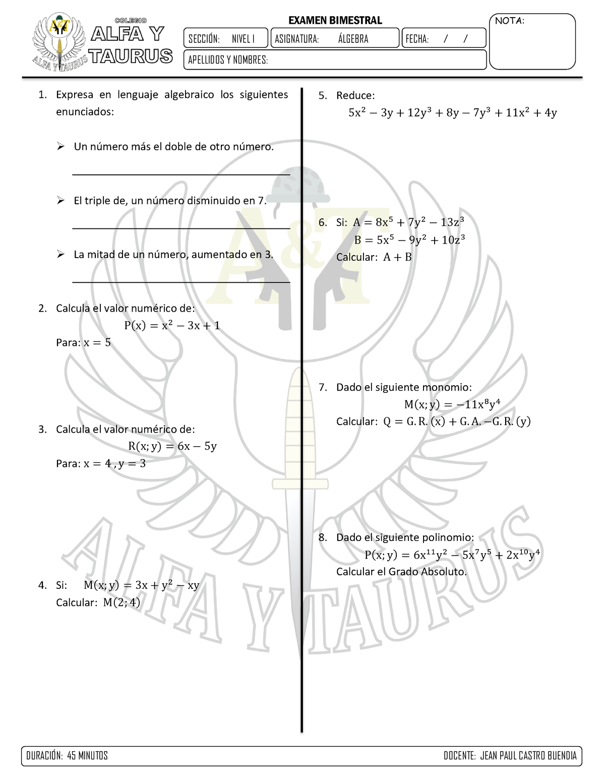 2. Examen Bimestral Álgebra - EXAMEN BIMESTRAL NOTA: APELLIDOS Y ...