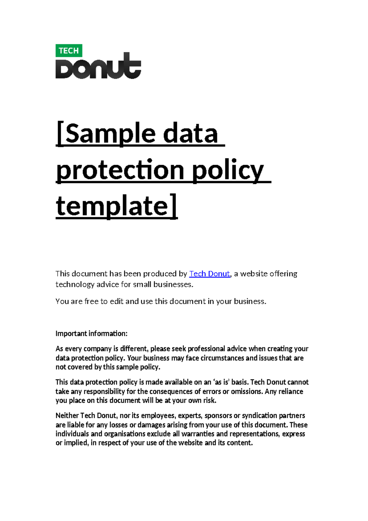 Sample Data Protection Policy Template [sample Data Protection Policy