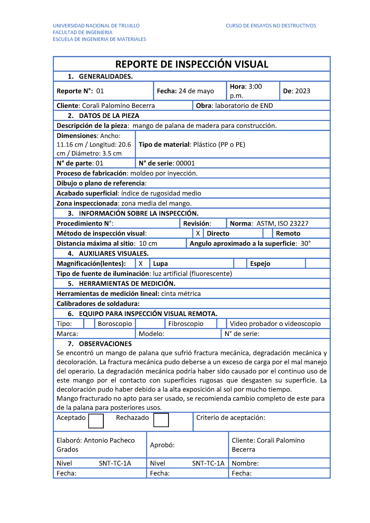 Reporte DE Inspección Visual V - FACULTAD DE INGENIERIA ESCUELA DE ...