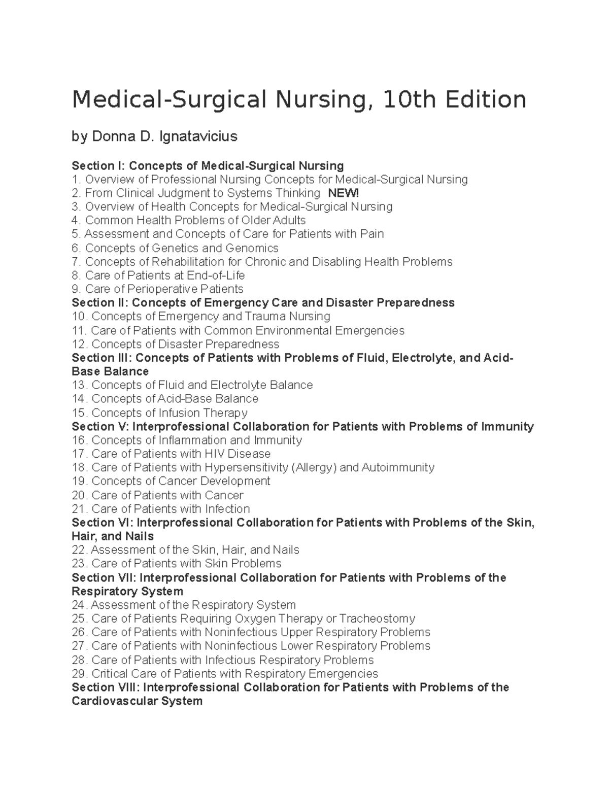 Iggy Table Of Contents Medical Surgical Nursing Medical Surgical