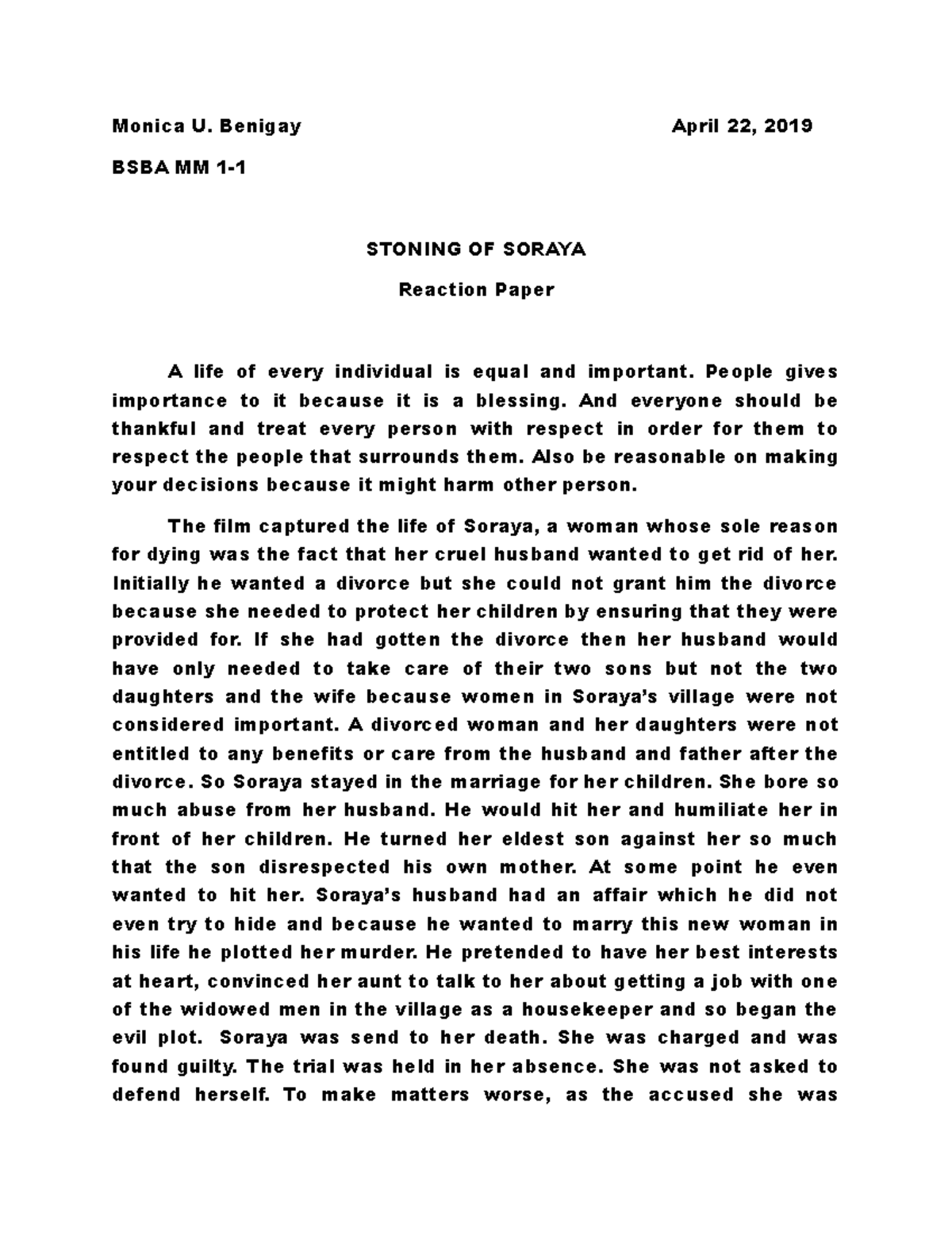Stoning of soraya movie Monica U. Benigay April 22, 2019 BSBA MM 1