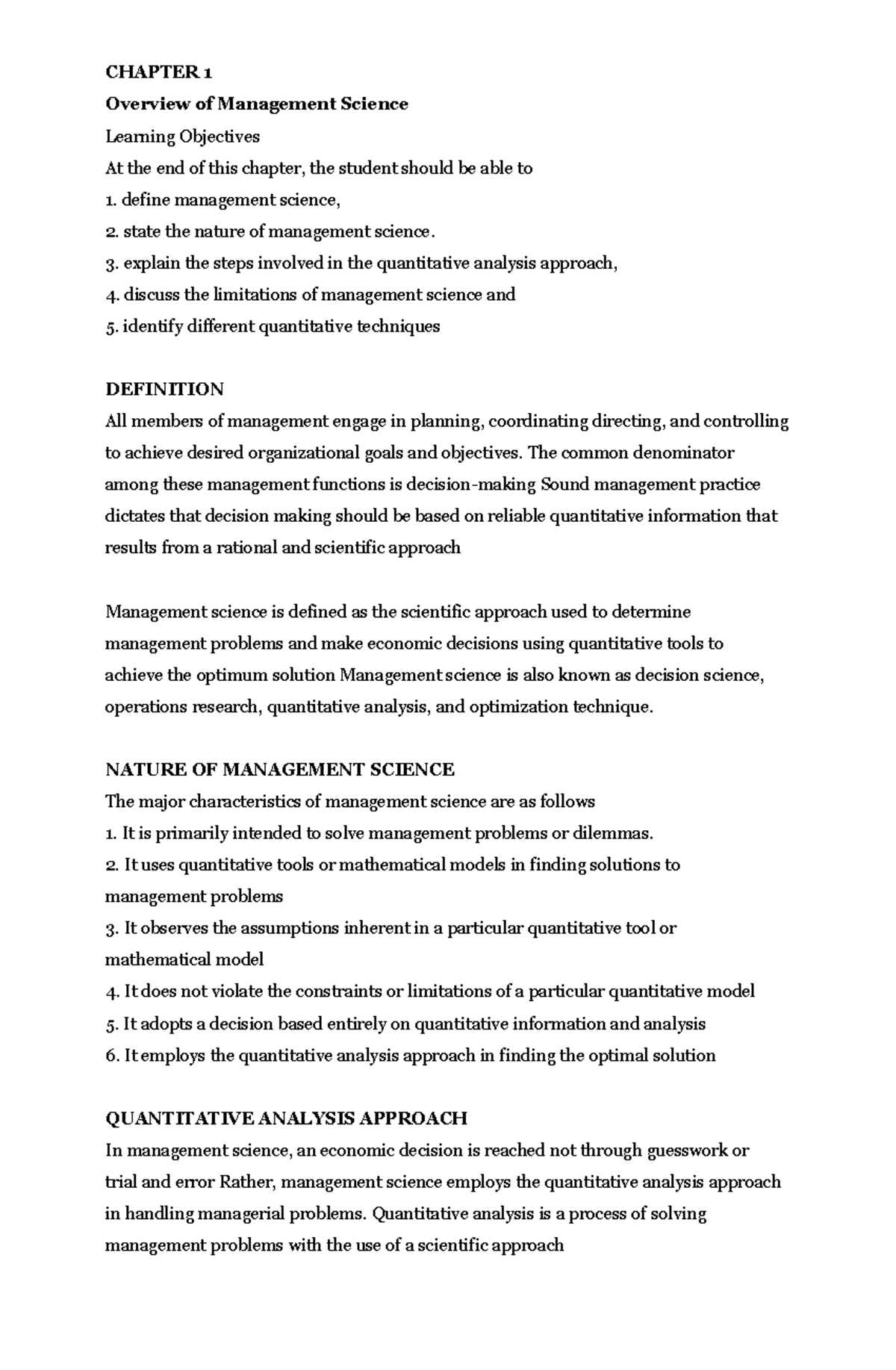 Chapter 1 MNGT Science - CHAPTER 1 Overview of Management Science ...