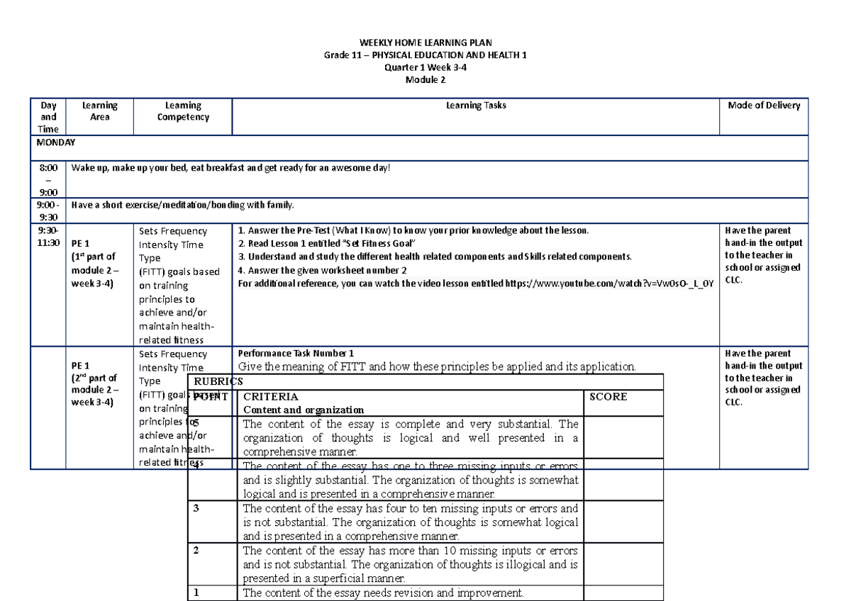 WHLP-PE1 WEEK-3-4 - essay - WEEKLY HOME LEARNING PLAN Grade 11 ...