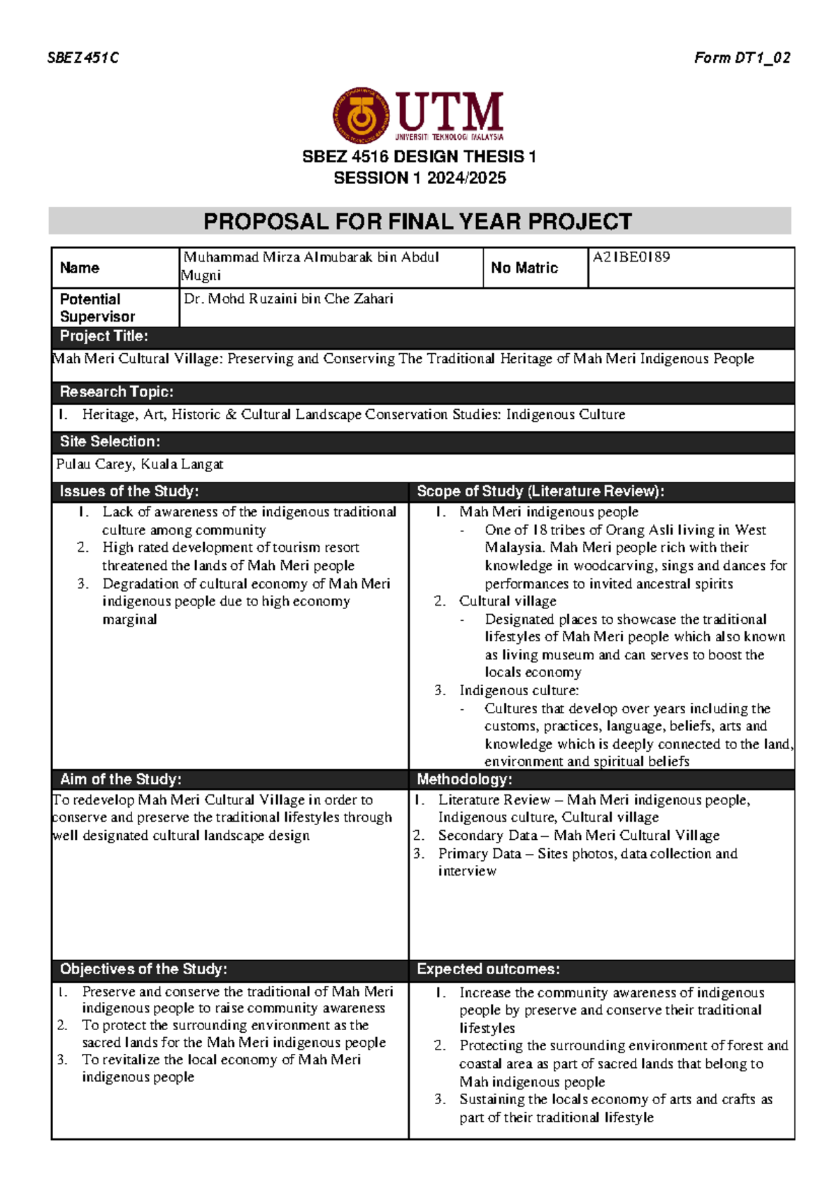 SBEZ4516 Initial Proposal 2 Mah Meri Cultural Village - SBEZ451C Form ...