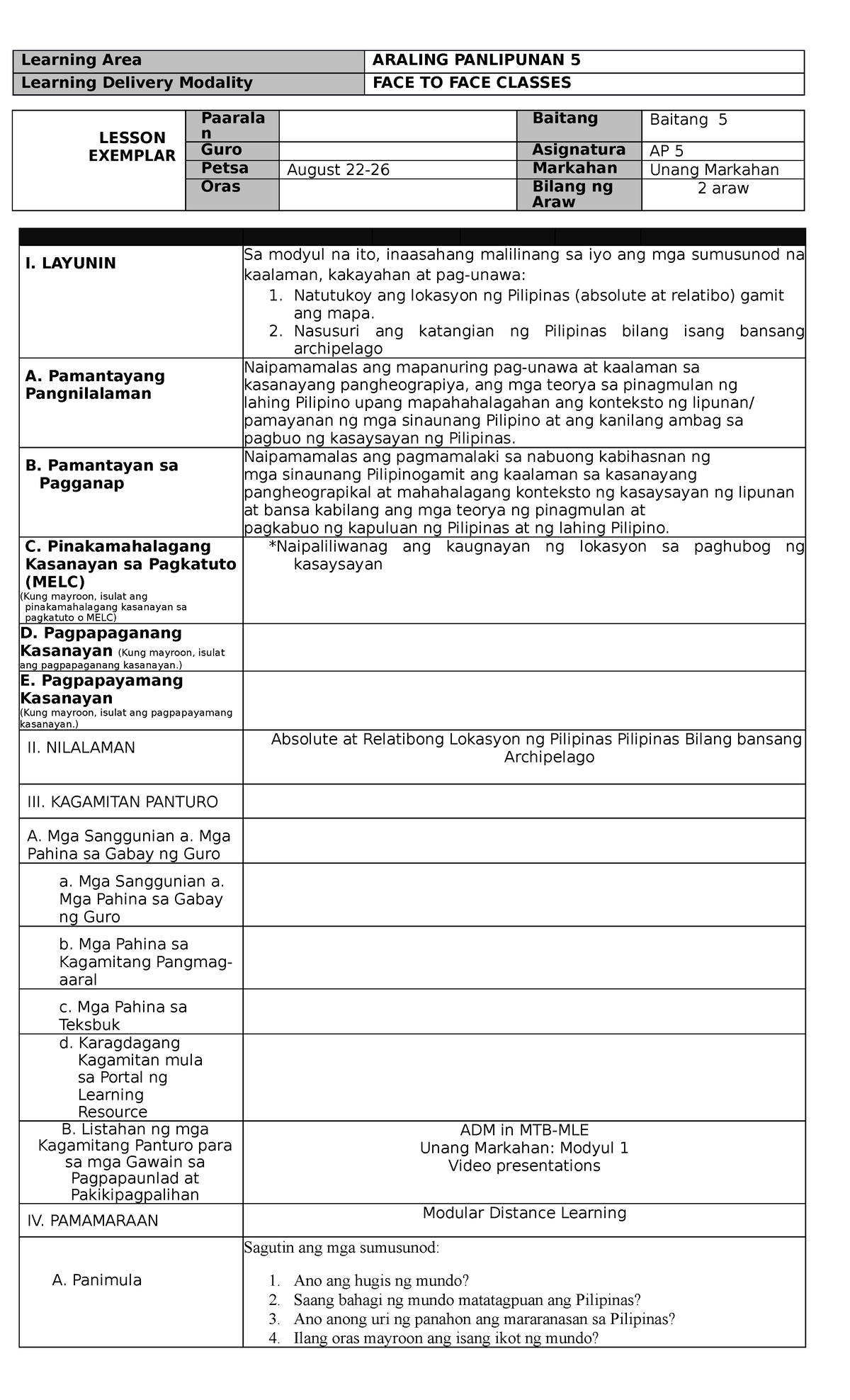 WEEK 1 AP Lesson Exemplar Sample For Aralin Panlipunan Grade 5 