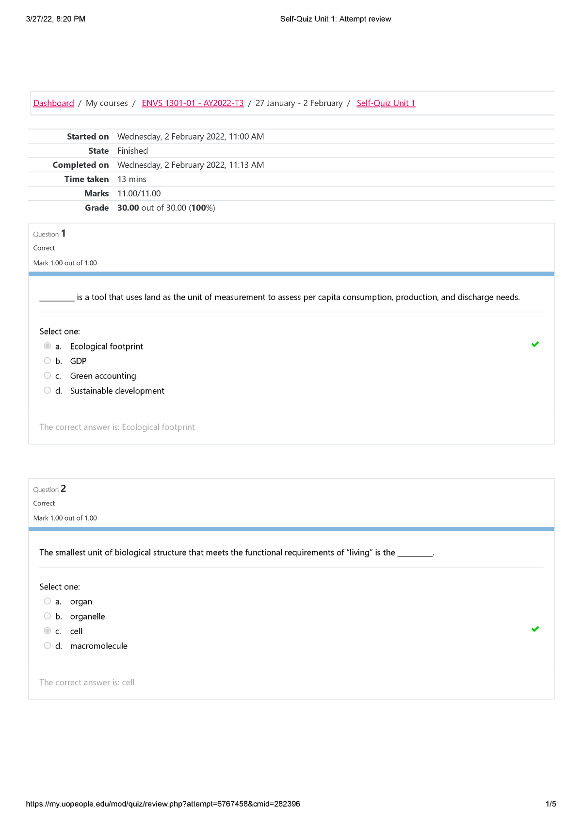 Self-Quiz Unit 1 - Quiz - ENVS 1301 - UoPeople - Studocu