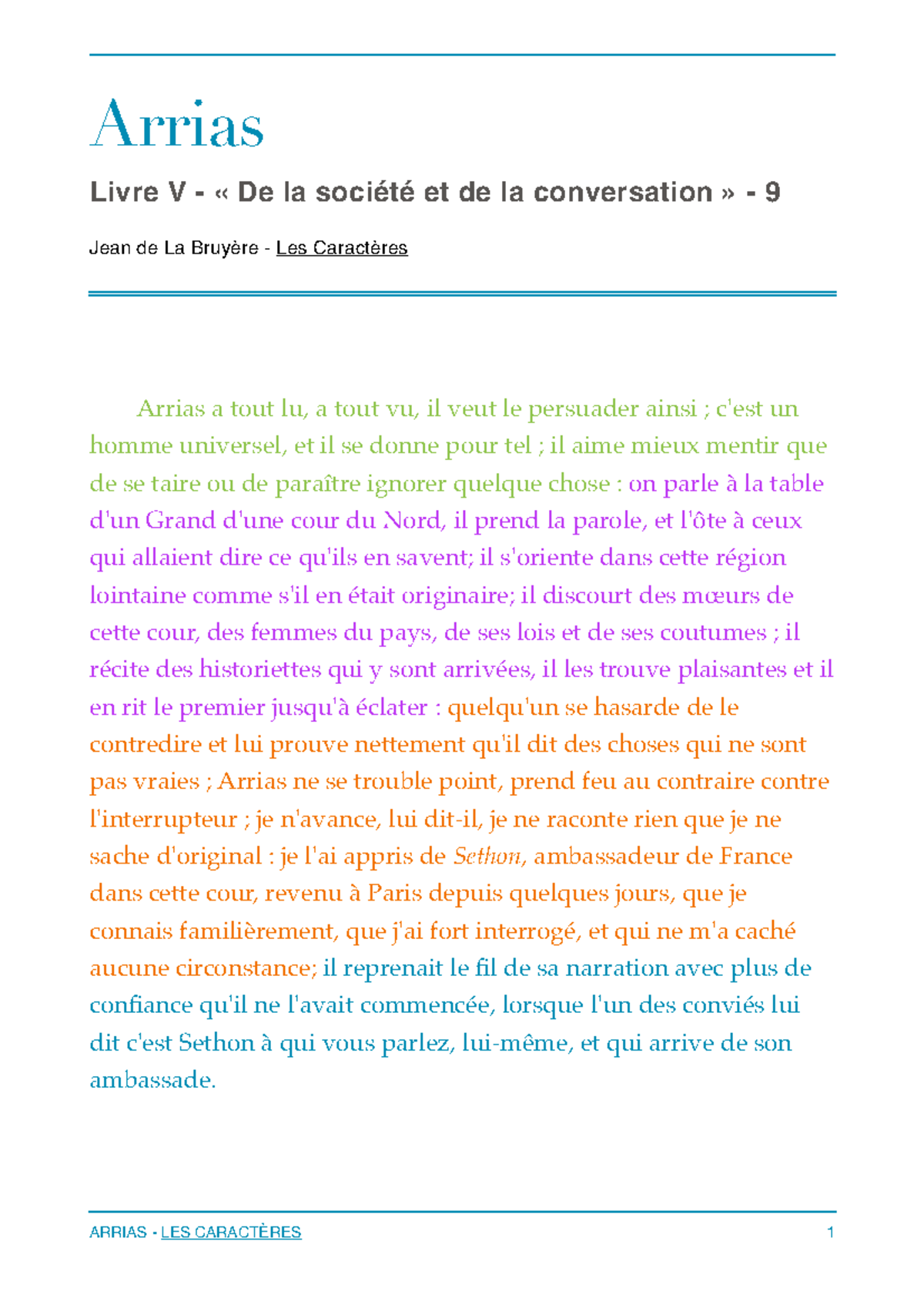 Analyse Lin Aire Arrias Arrias Livre V De La Soci T Et De La Conversation Jean De