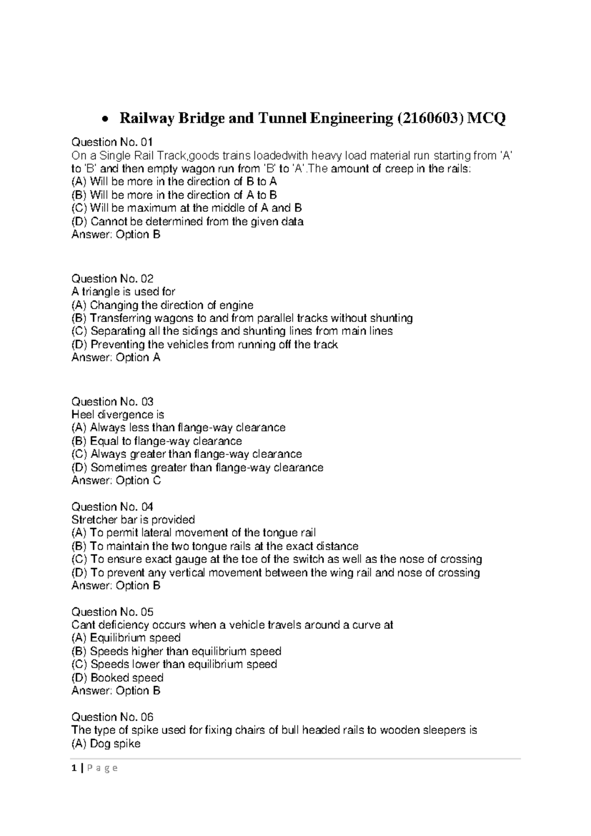 Mcq Of Railway Bridge And Tunnel Engineering2160603 GTU Studocu