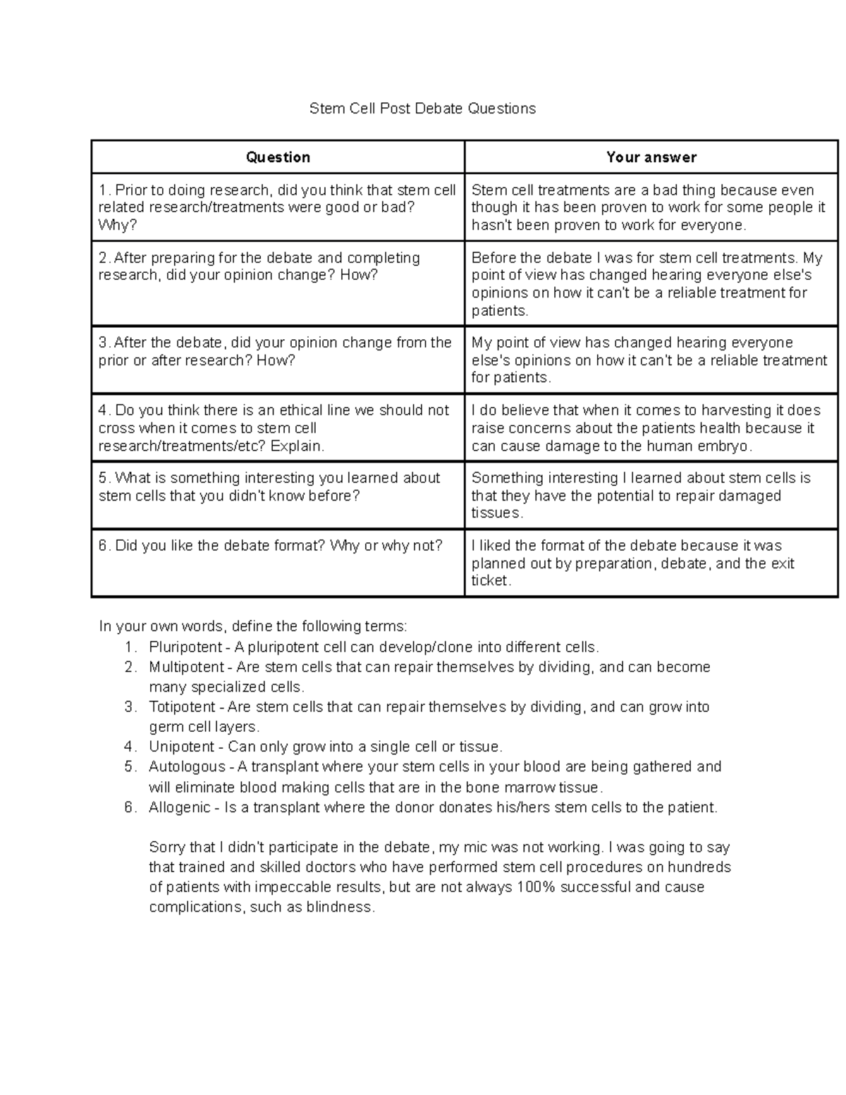 stem cell essay questions