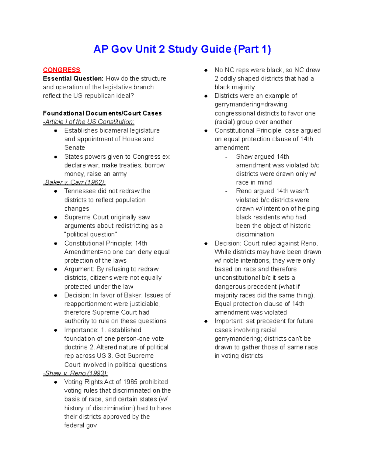 AP Gov Unit 2 Study Guide Carr 1962 Tennessee Did Not Redraw The 